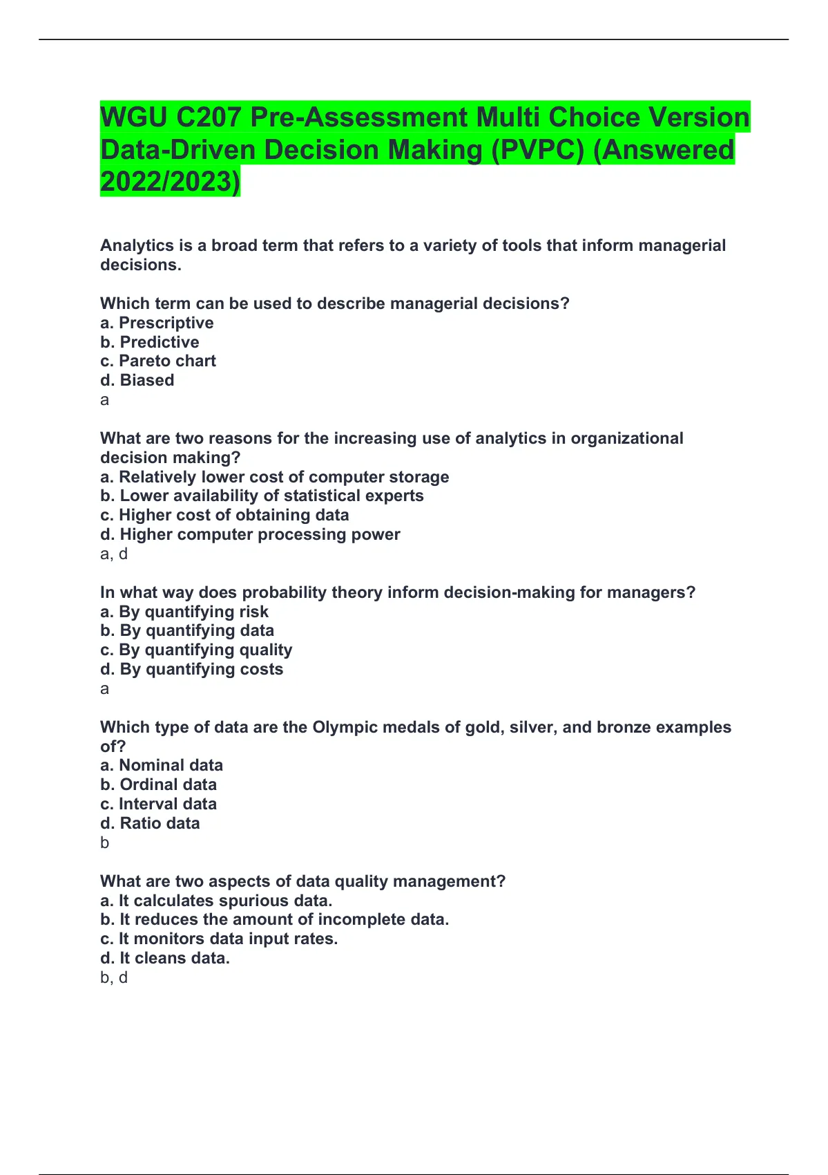 Wgu C207 Pre Assessment Multi Choice Version Data Driven Decision Making Pvpc Answered 2022 6327