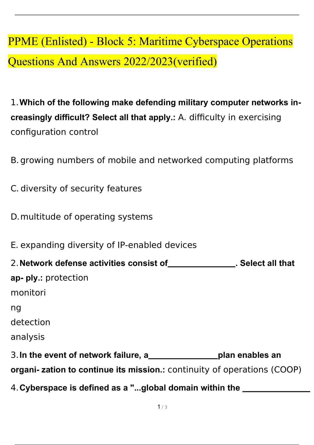 PPME (ENLISTED) - BLOCK 5: MARITIME CYBERSPACE OPERATIONS QUESTIONS ...