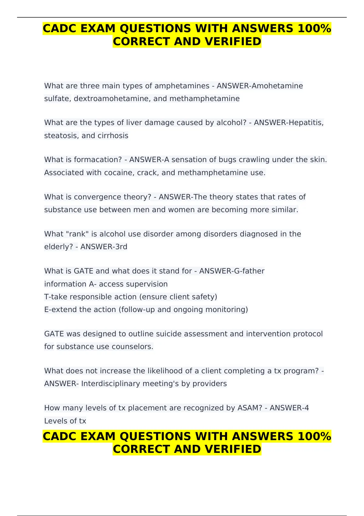 CADC EXAM QUESTIONS WITH ANSWERS 100% CORRECT AND VERIFIED CADC E