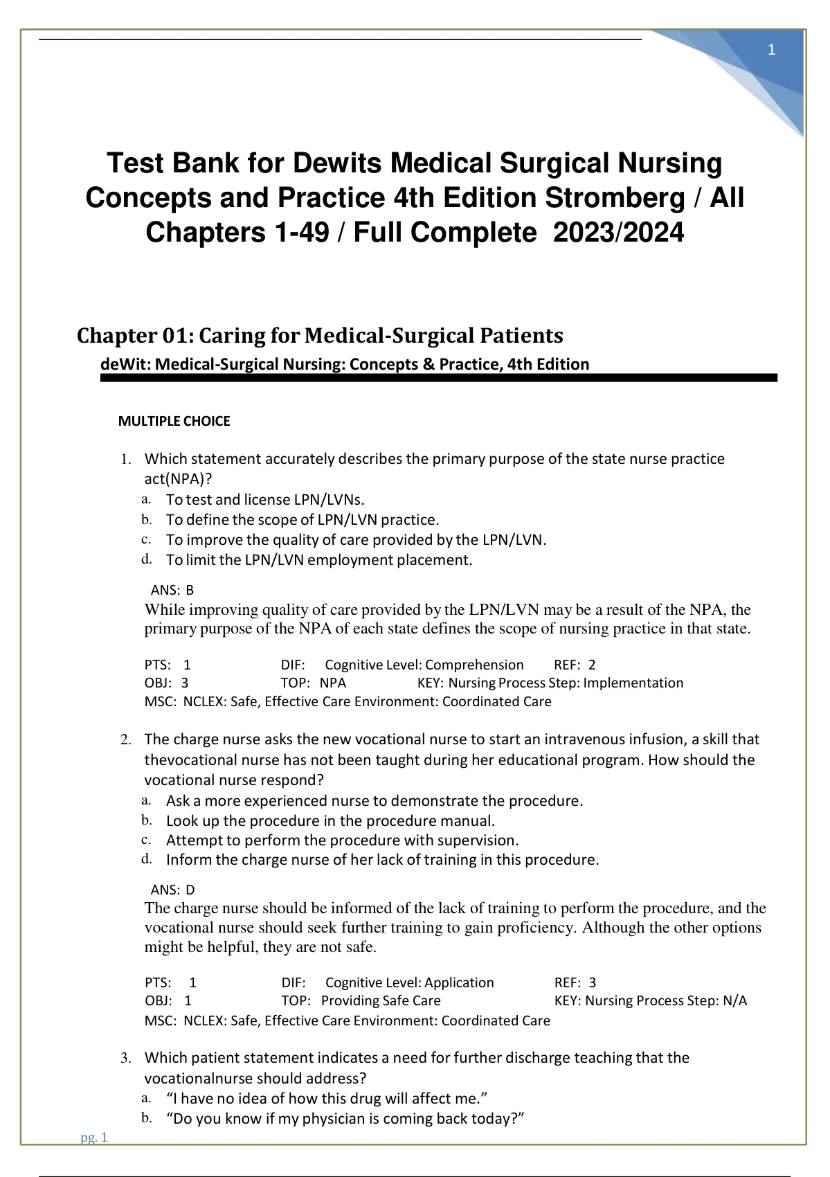 Test Bank For Dewits Medical Surgical Nursing Concepts And Practice 4th ...