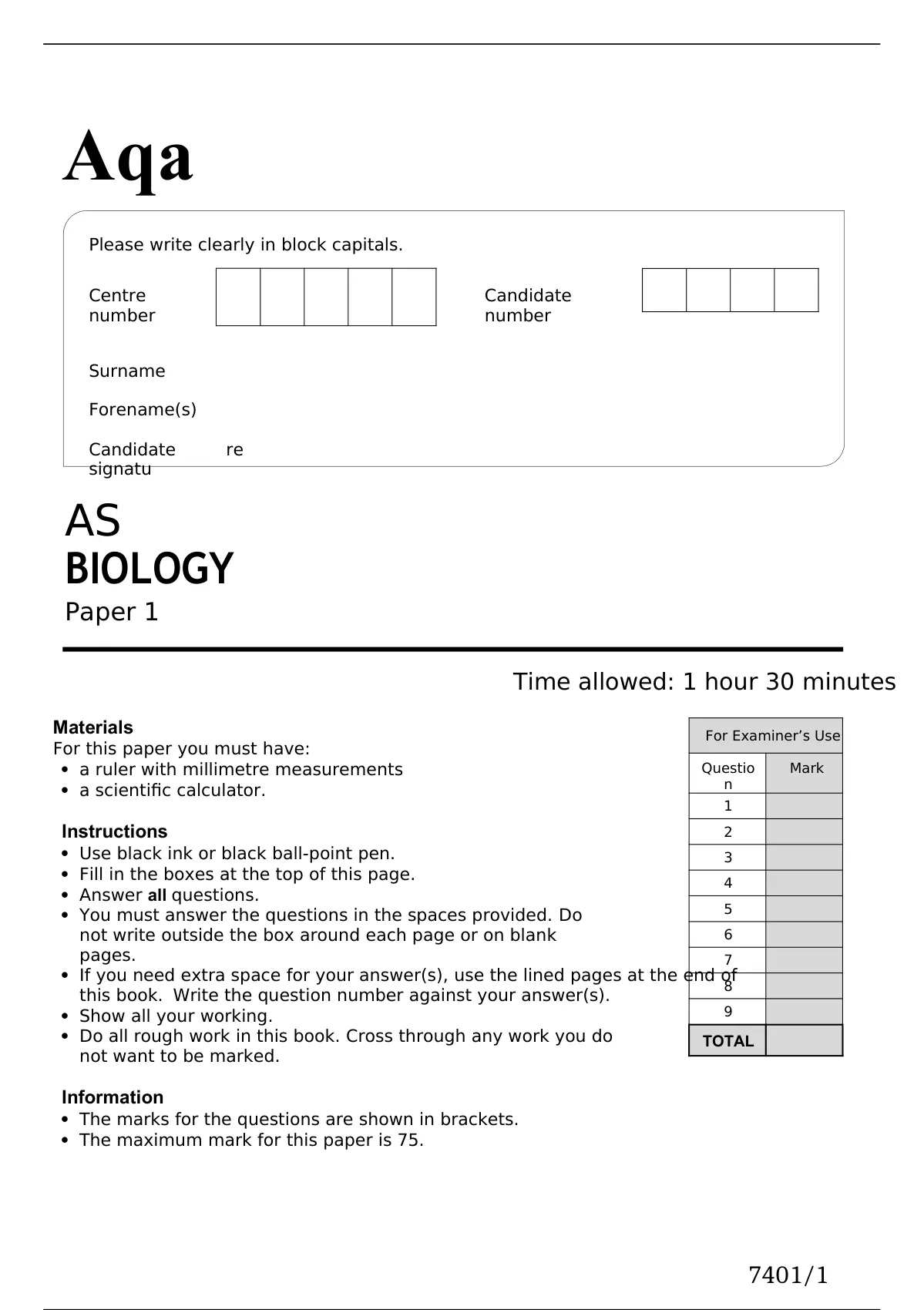 Aqa AS Biology 7401/1 Paper 1 Question Paper June2022 Final. - AS ...