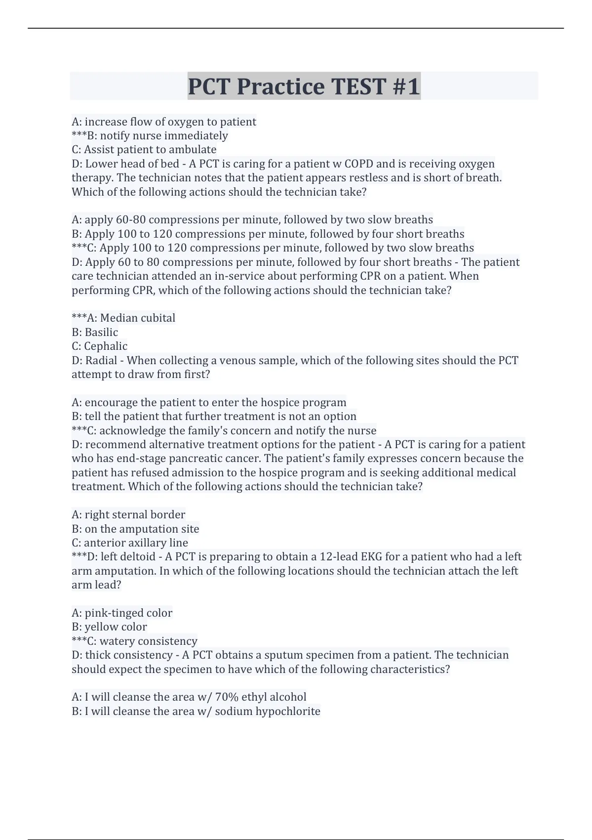 PCT Practice TEST #1 QUESTIONS AND ANSWERS - PCT- Patient Care ...