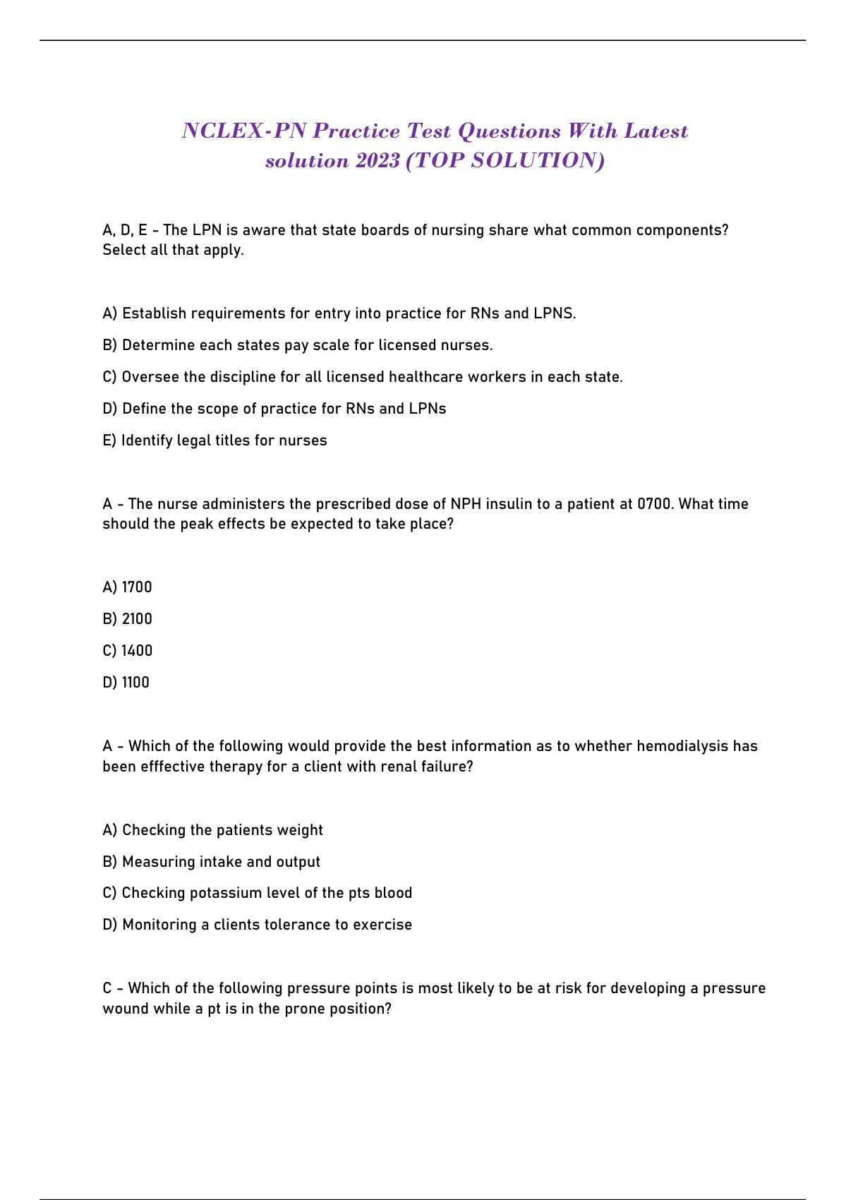 NCLEXPN Practice Test Questions With Latest solution 2023 (TOP