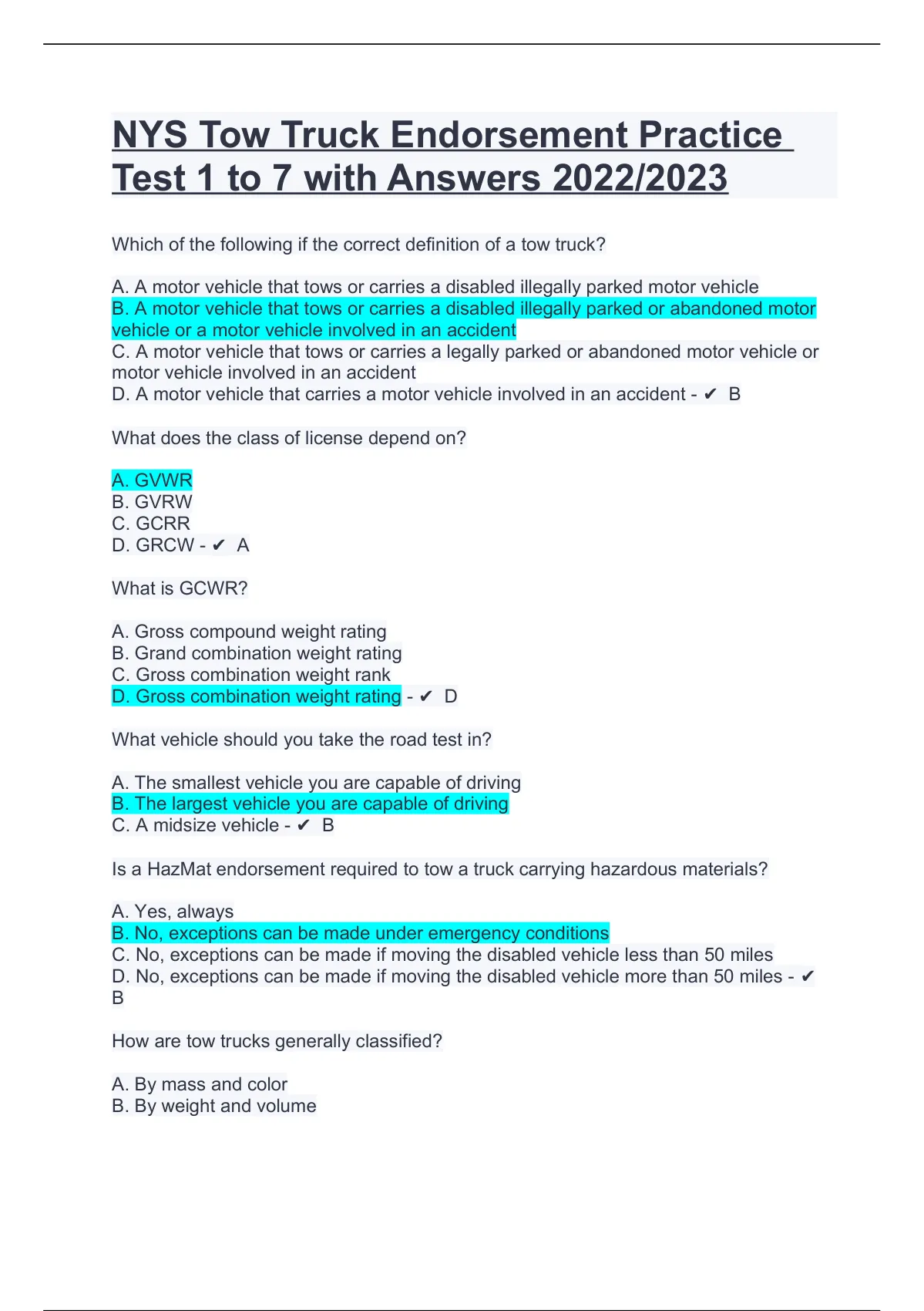 NYS Tow Truck Endorsement Practice Test 1 To 7 With Answers 2022/2023 ...