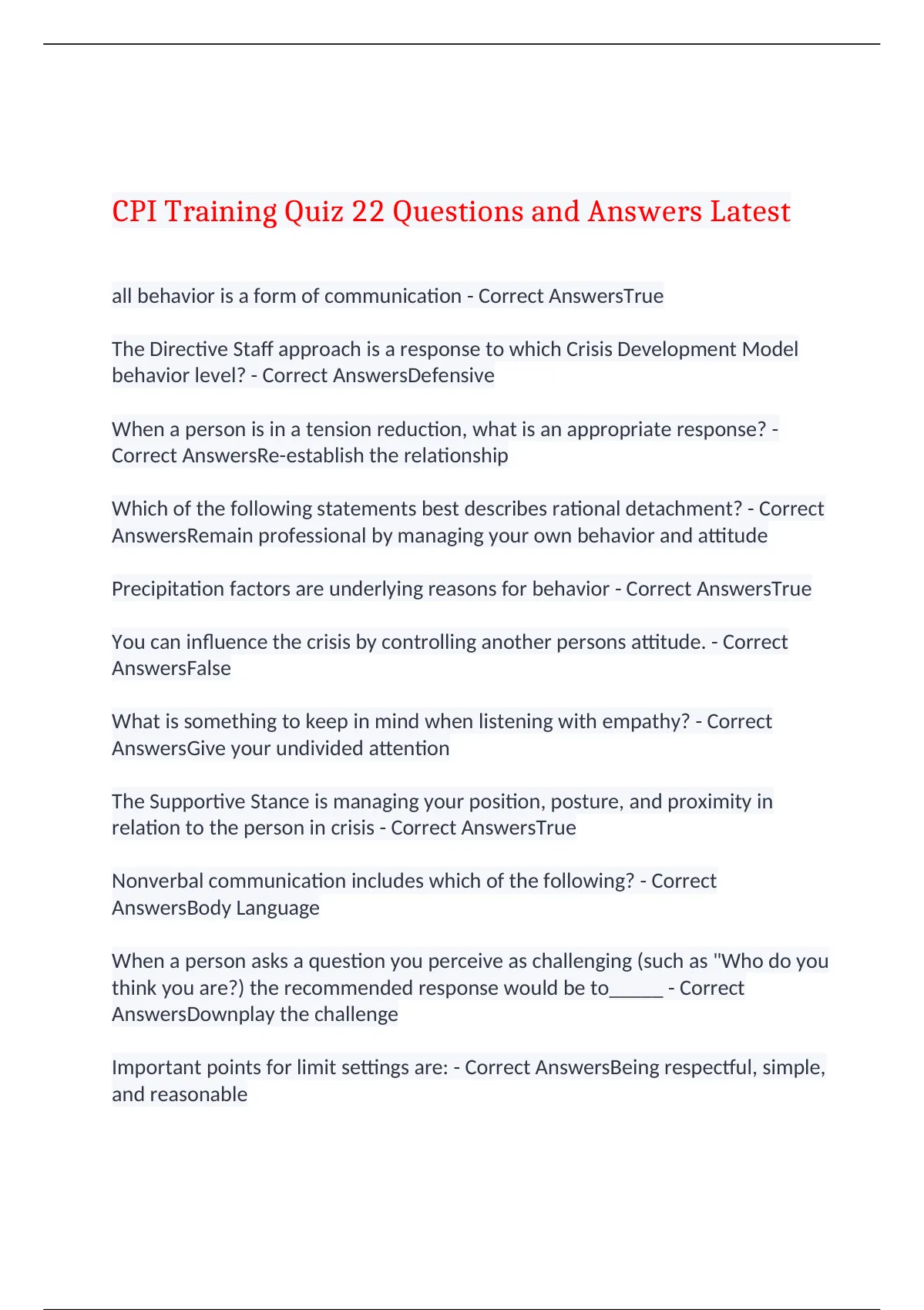 CPI Training Quiz 22 Questions and Answers Latest,100 CORRECT CPI