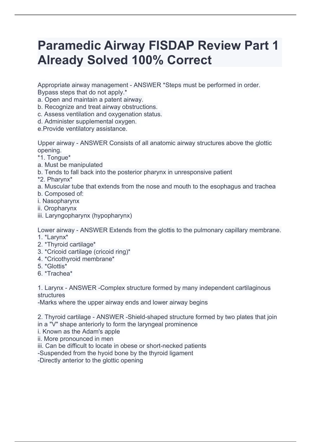 Paramedic Airway FISDAP Review Part 1 Already Solved 100% Correct ...