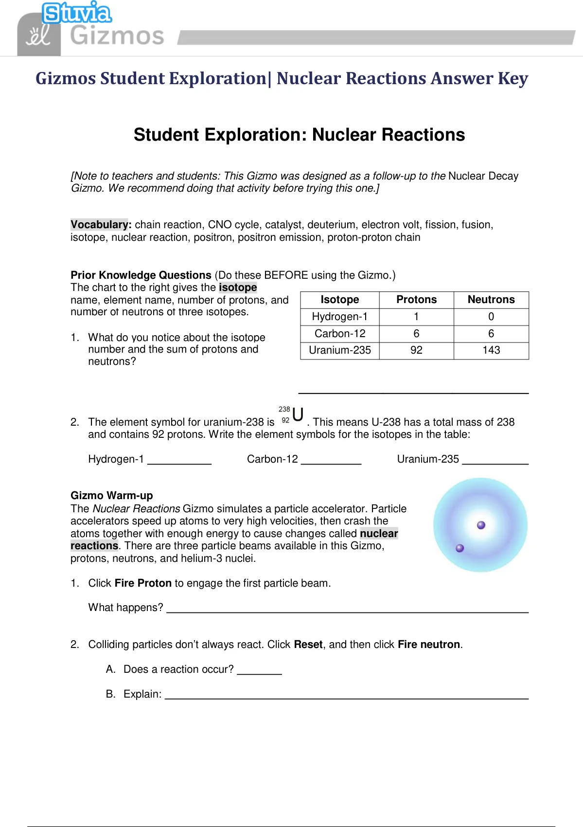 Gizmos Student Exploration Nuclear Reactions Answer Key LATEST COMPLETE ...