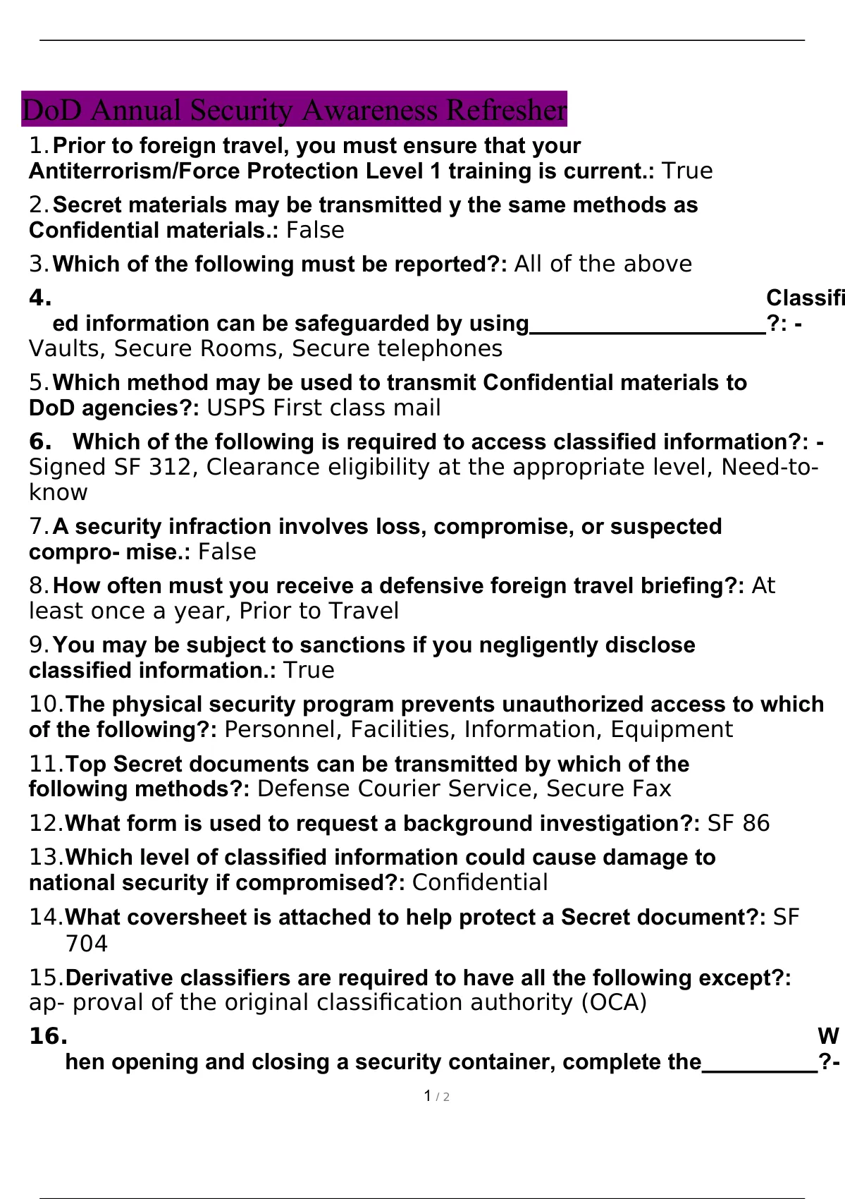 Dod Annual Security Awareness Refresher Pre Test Answers Dod