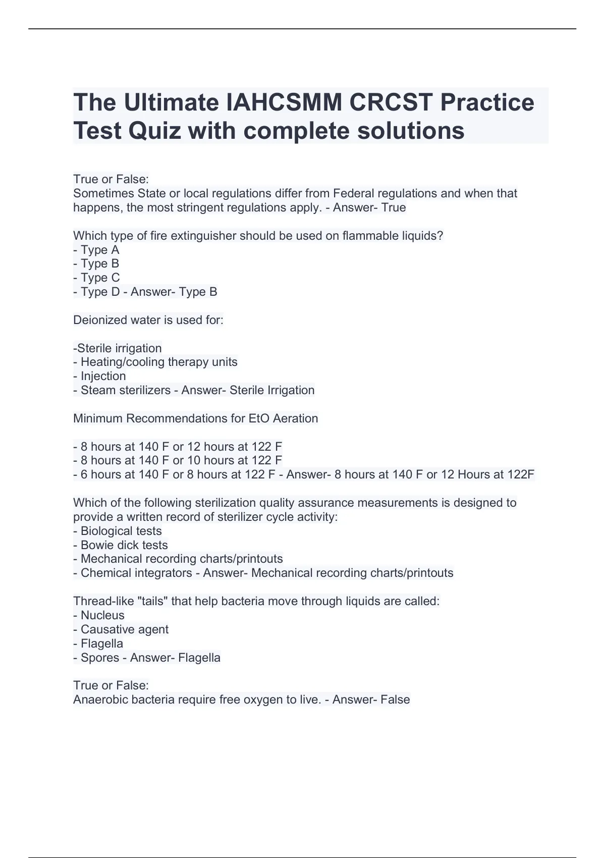 The Ultimate IAHCSMM CRCST Practice Test Quiz with complete solutions