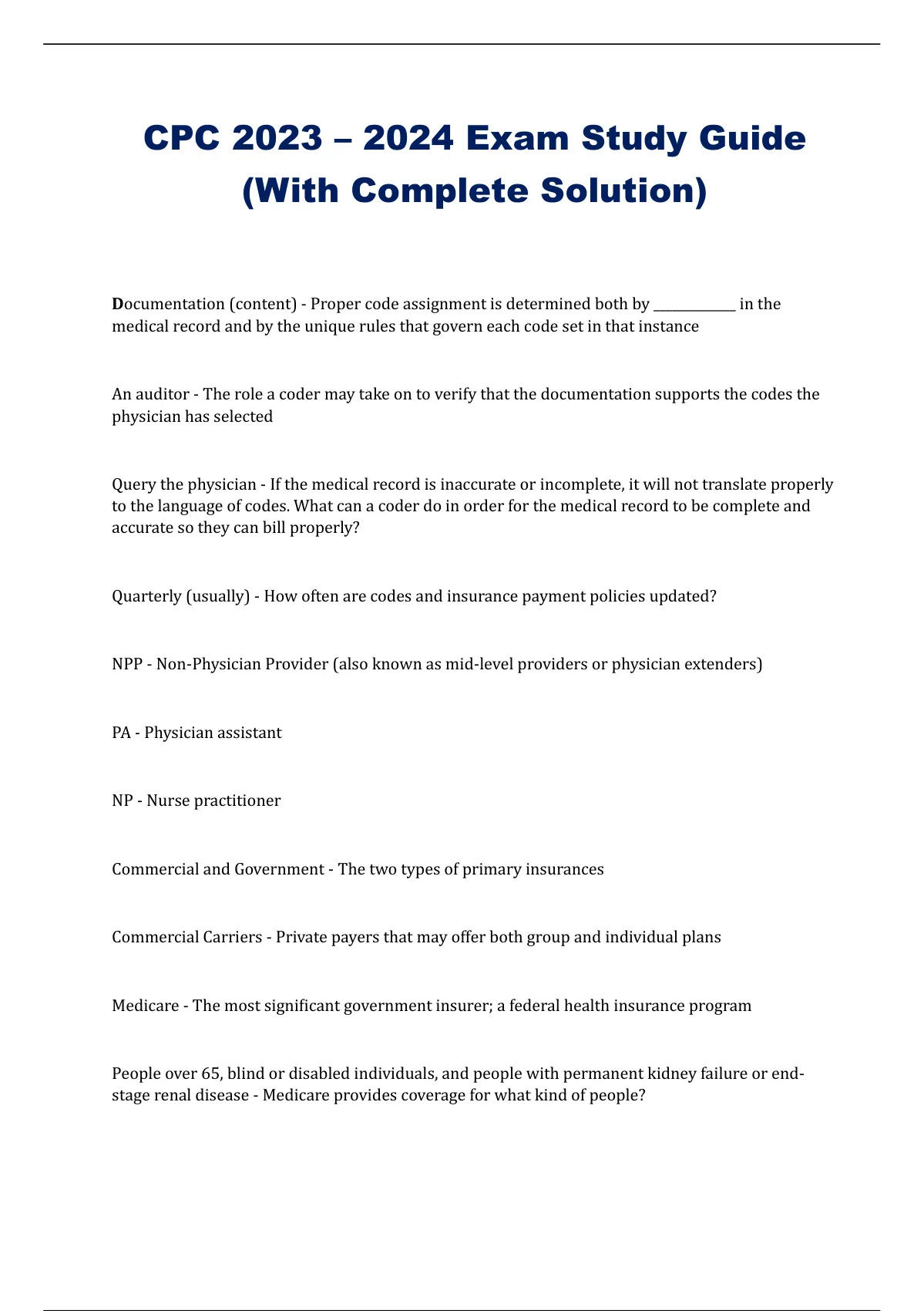 CPC 2023 2024 Exam Study Guide (With Complete Solution) CPC Stuvia US