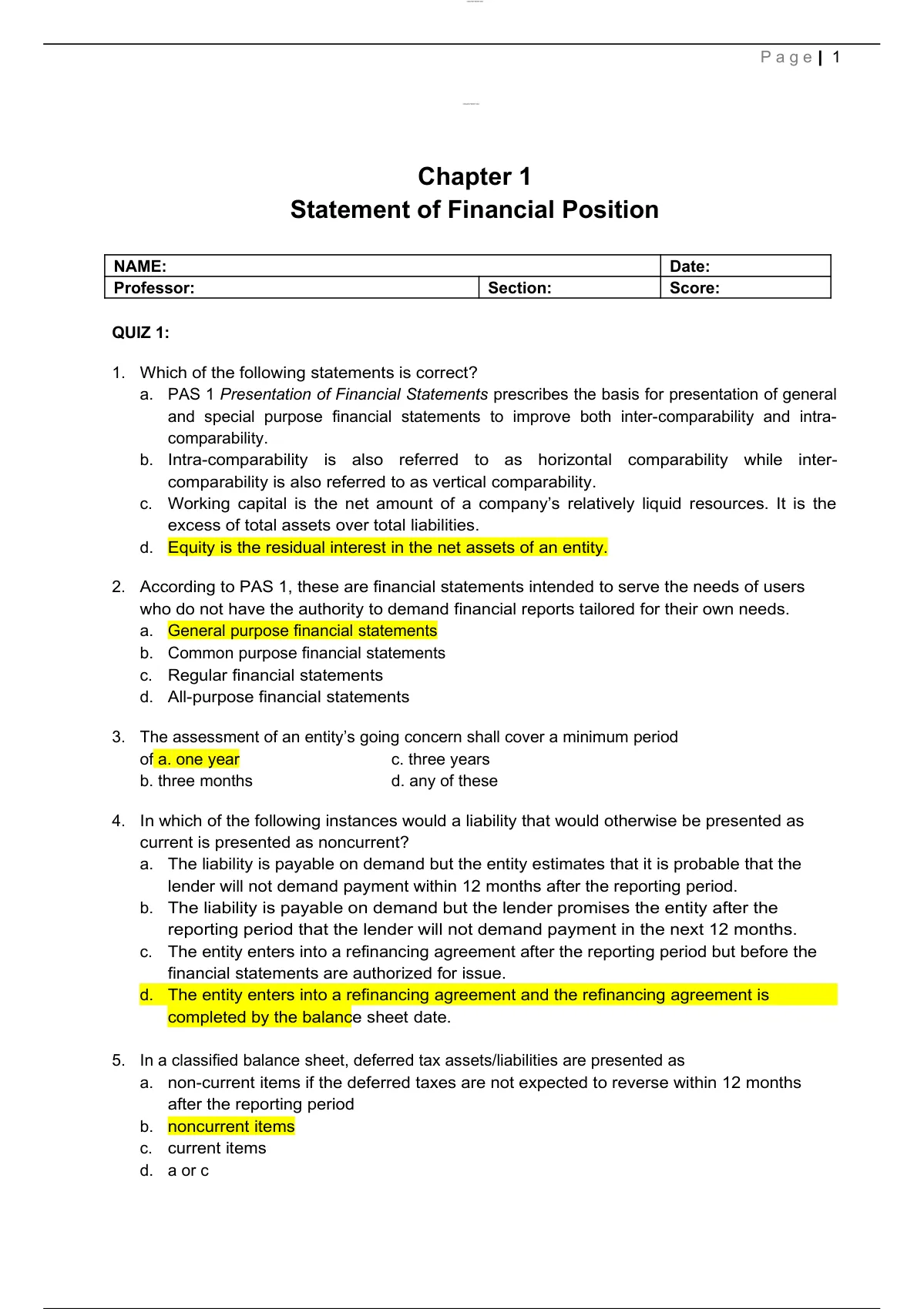 QUIZ CHAPTER 1 STATEMENT OF FINANCIAL POSITION With Solutions - CHAPTER ...