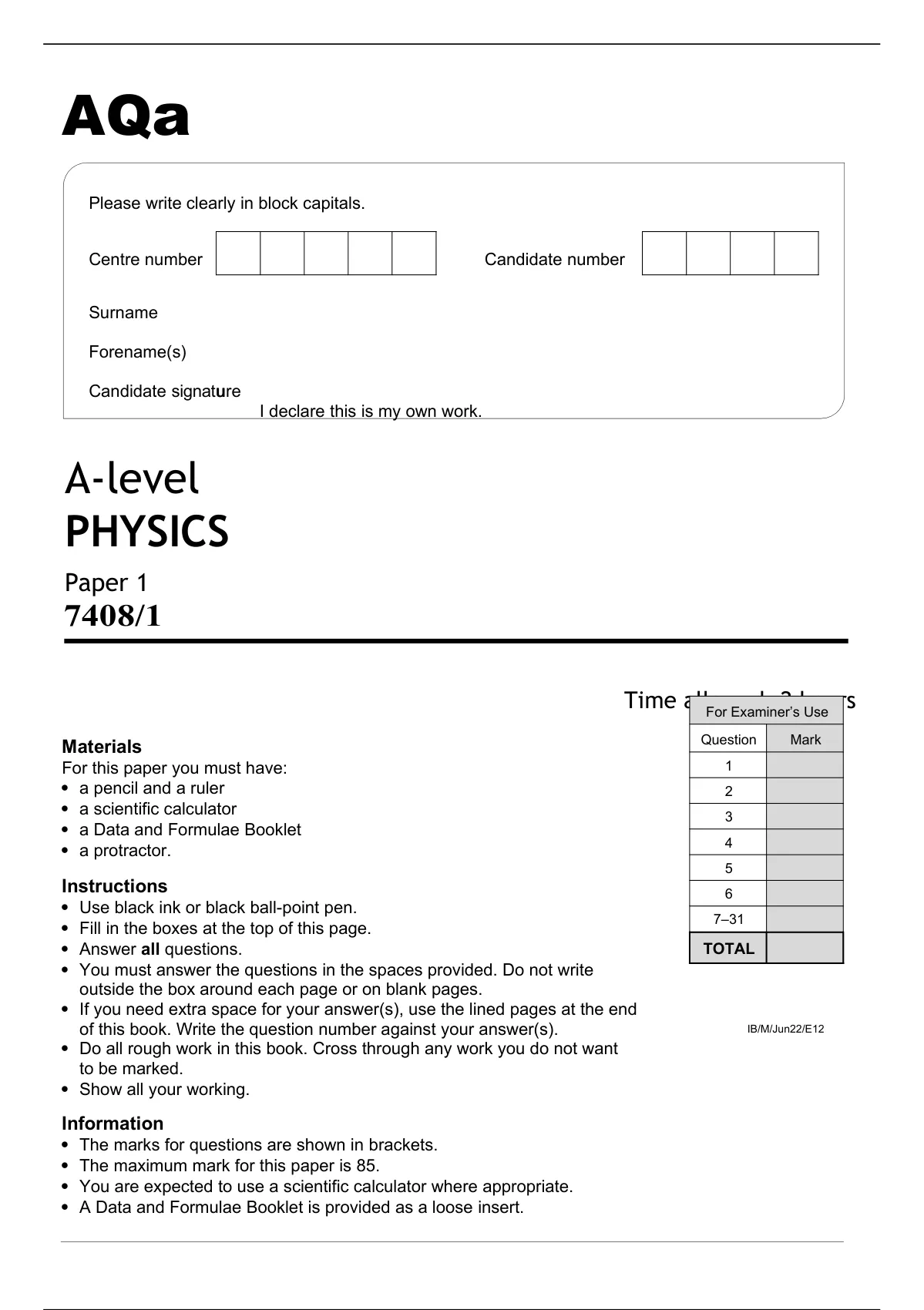 Aqa A-level PHYSICS Paper 1 (7408/1) - JUNE 2022 QUESTION PAPER - A ...