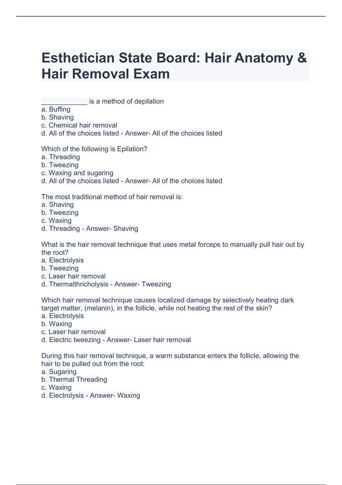 Esthetician State Board Hair Anatomy & Hair Removal Exam Esthetician