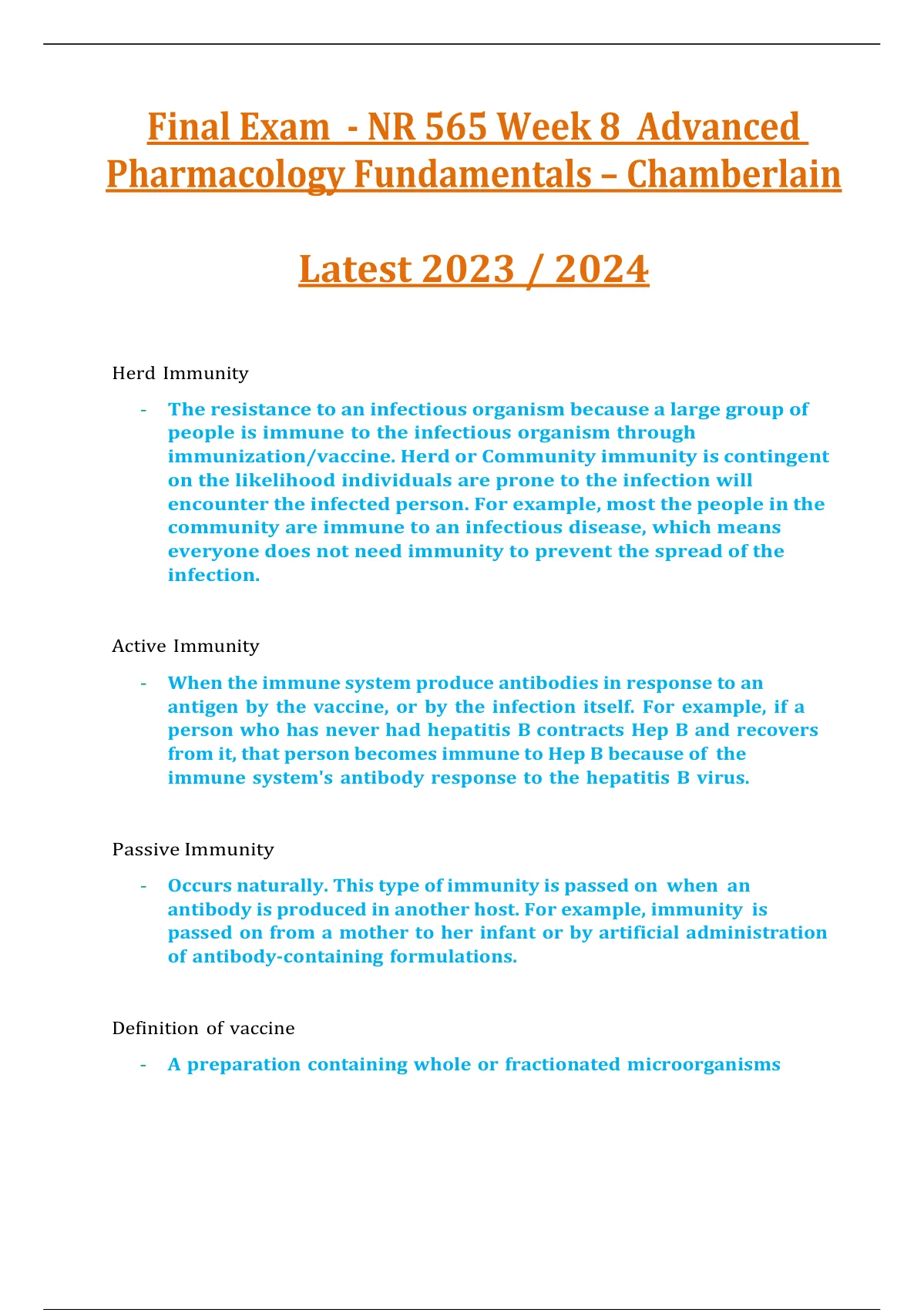 Final Exam NR 565 ( Latest 2023 / 2024 ) Week 8 Advanced Pharmacology ...