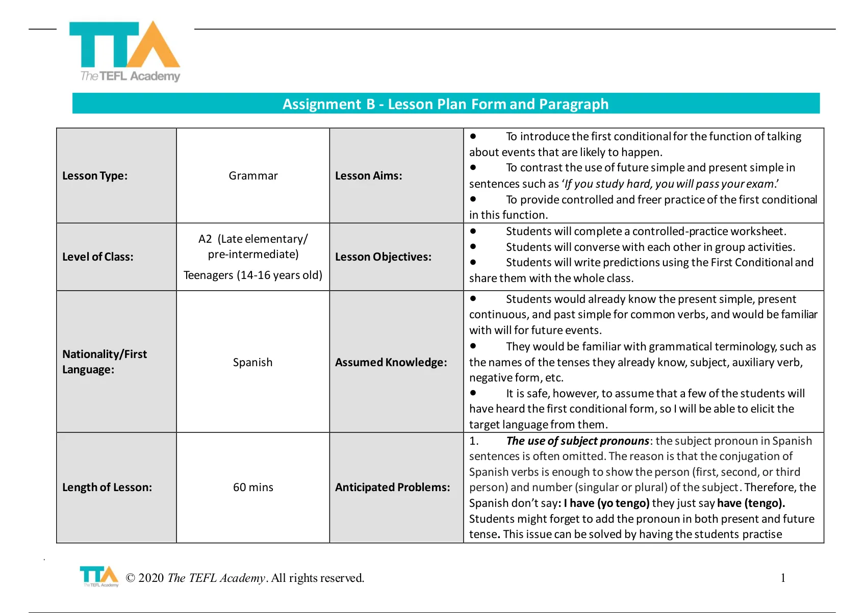 Assignment B The Tefl Academy Level 5 Lesson Plan And Paragraph - The ...