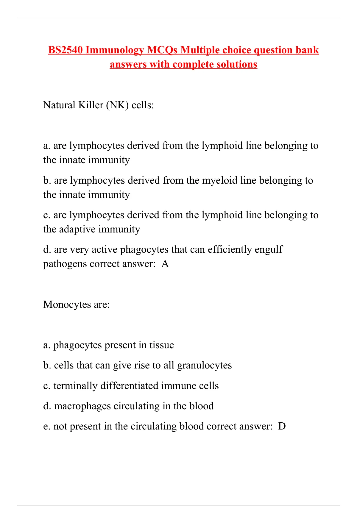 BS2540 Immunology MCQs Multiple Choice Question Bank Answers With ...