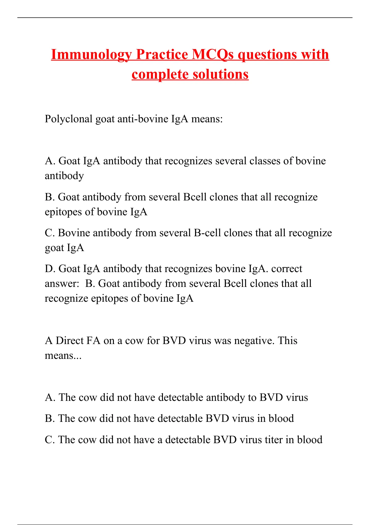 Immunology Practice Mcqs Questions With Complete Solutions Immunology Mcqs Stuvia Us 8535