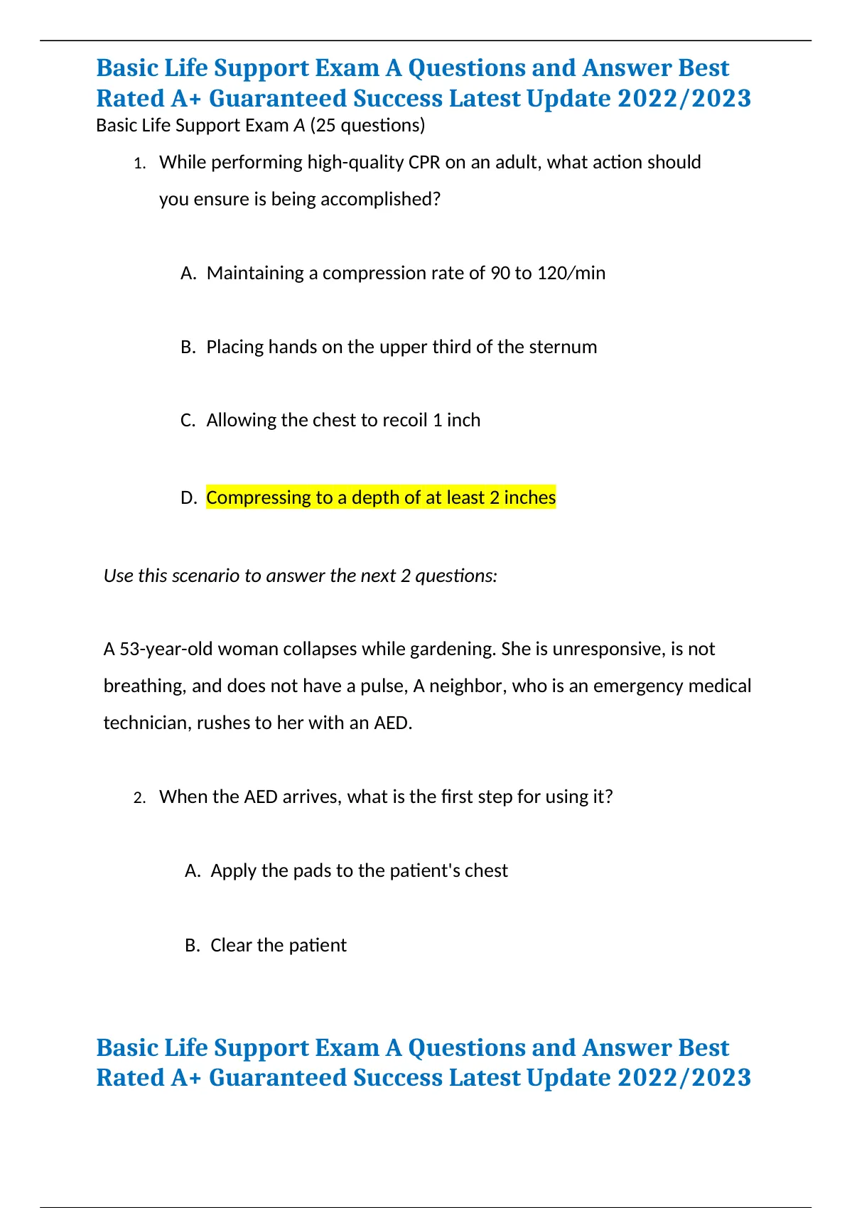 Basic Life Support Exam A Questions and Answer Best Rated A+ Guaranteed