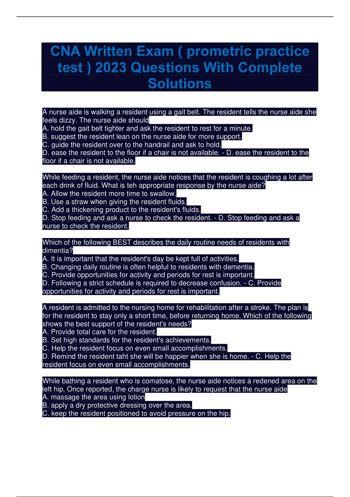 CNA Written Exam ( prometric practice test ) 2023 Questions With