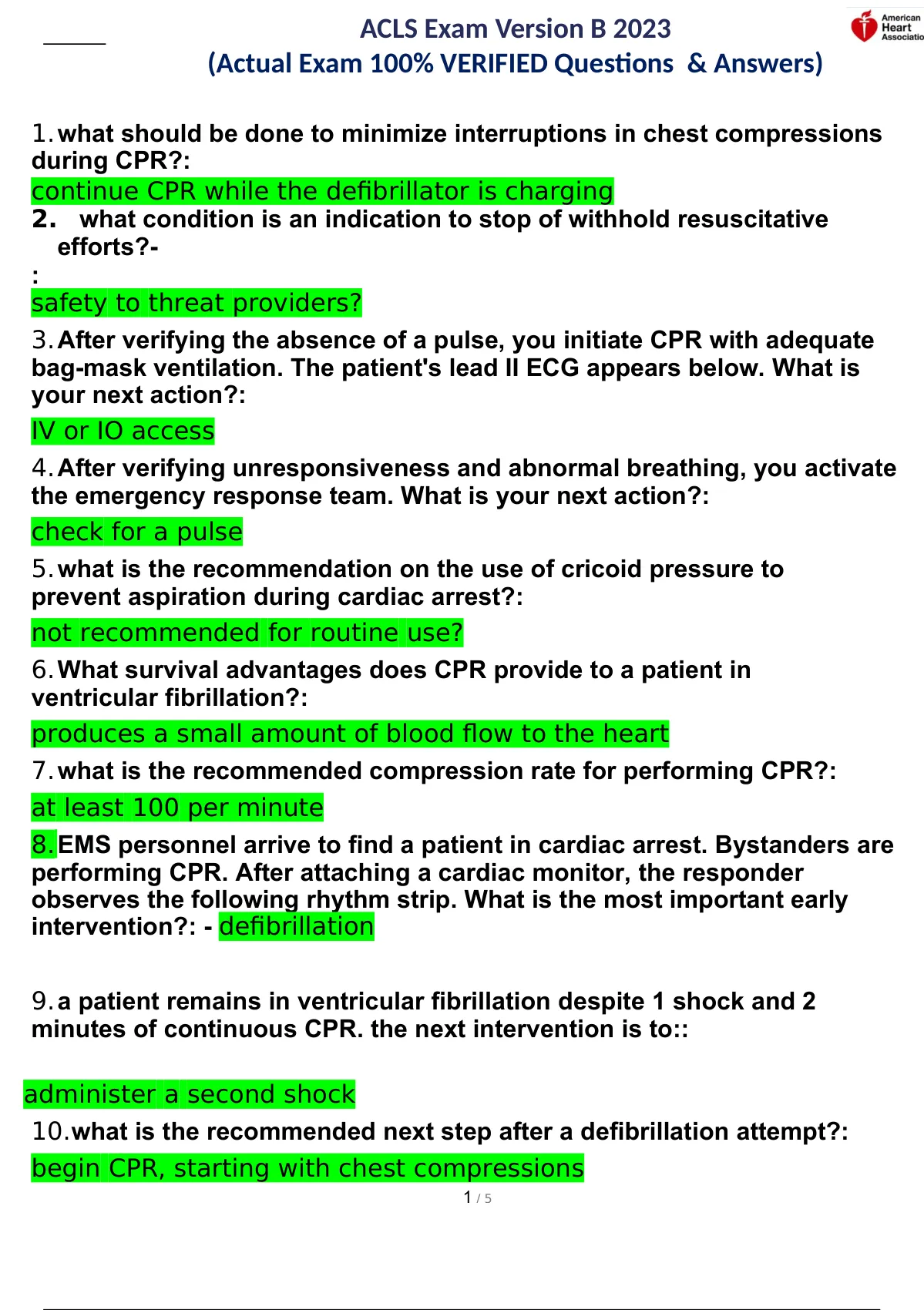 ACLS Exam Version B 2023 (Actual Exam 100% VERIFIED Questions & Answers ...