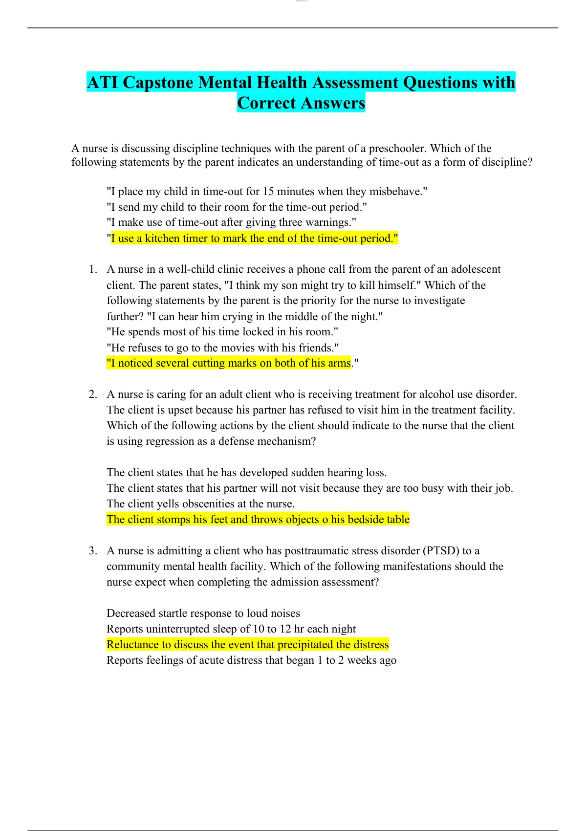 Ati Capstone Mental Health Assessment Questions With Correct Answers Ati Mental Health Stuvia Us 6792