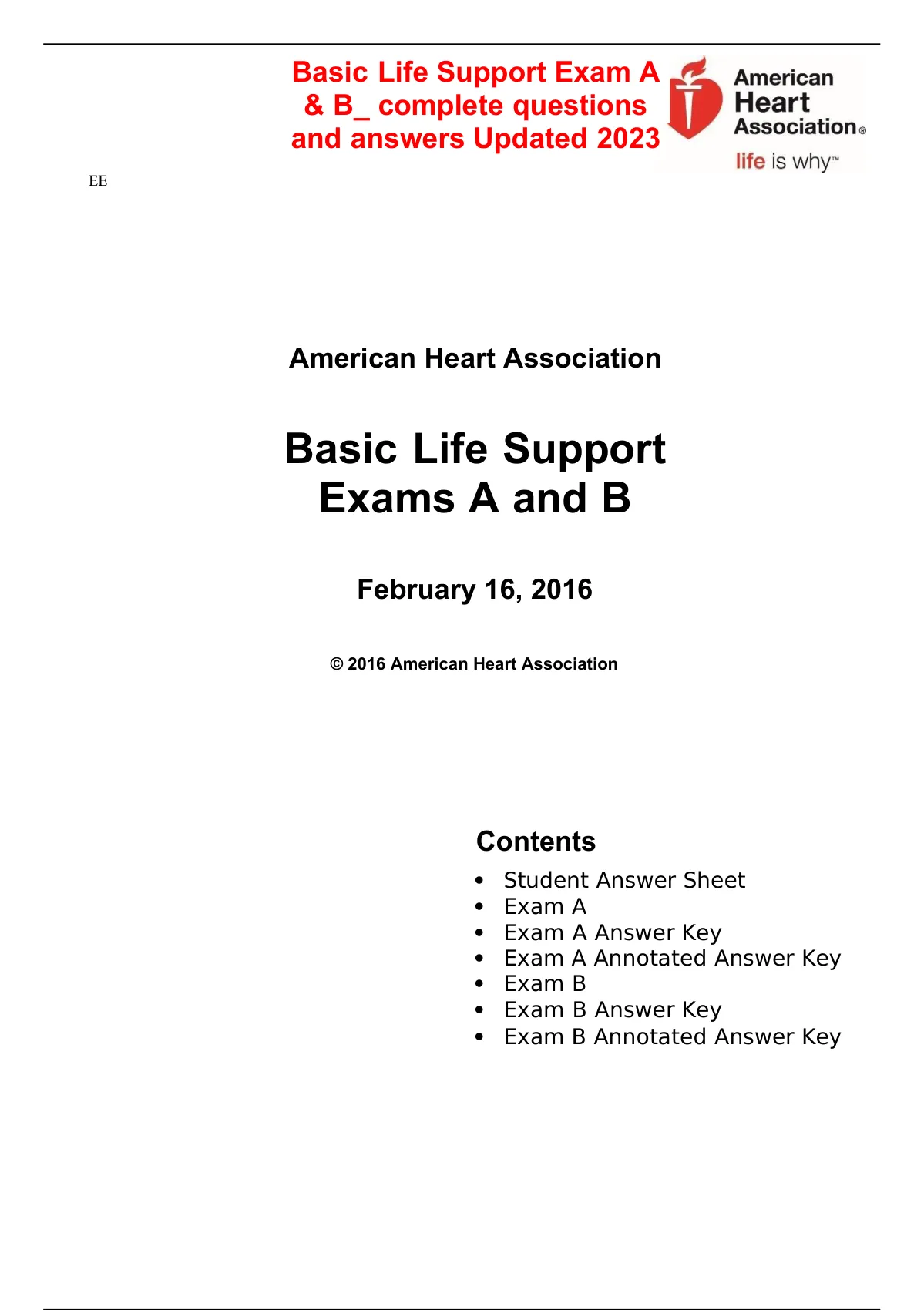 Basic Life Support Exam A & B_ complete questions and answers Updated