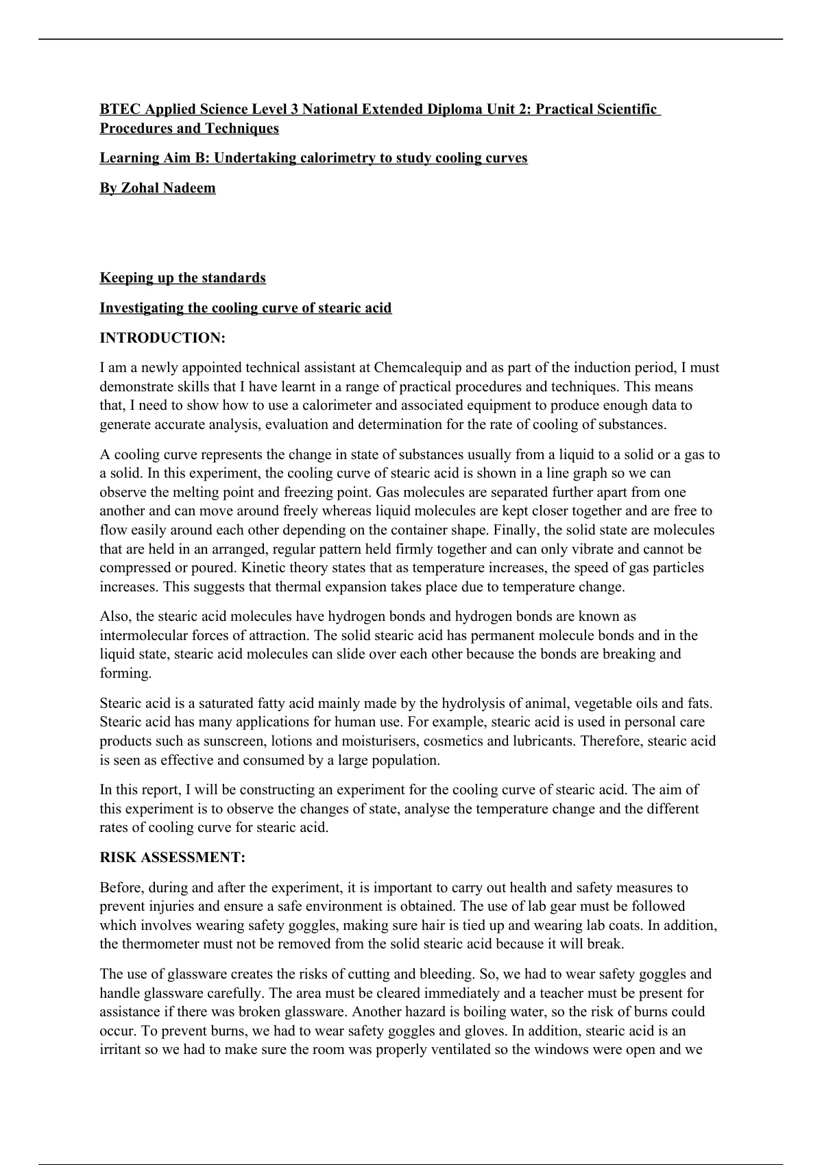 BTEC Applied Science Unit 2 Learning Aim B Cooling Curve Of Stearic ...