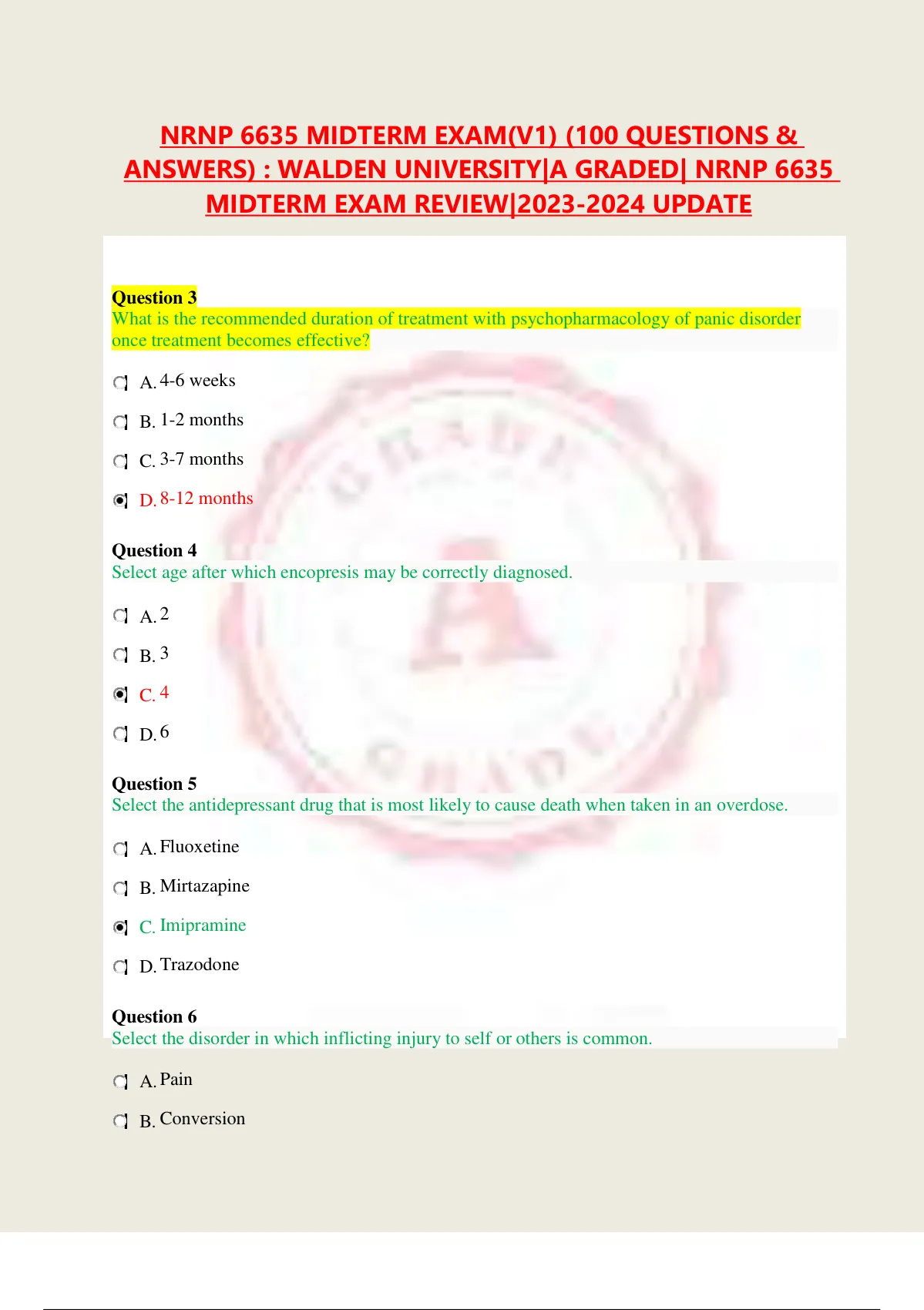 NRNP 6635 MIDTERM EXAM(V1) (100 QUESTIONS & ANSWERS) : WALDEN ...