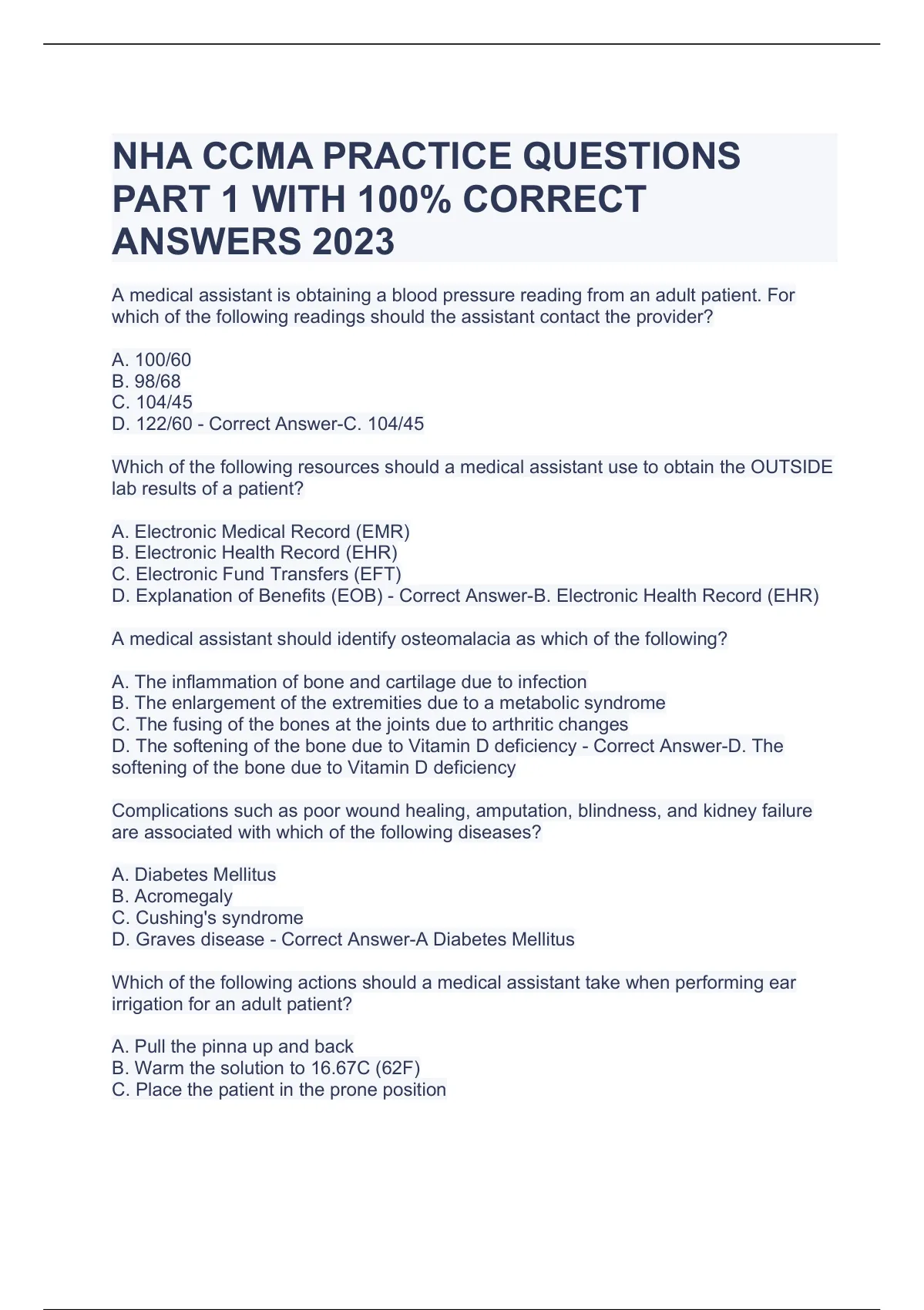 NHA CCMA PRACTICE QUESTIONS PART 1 WITH 100% CORRECT ANSWERS 2023 ...