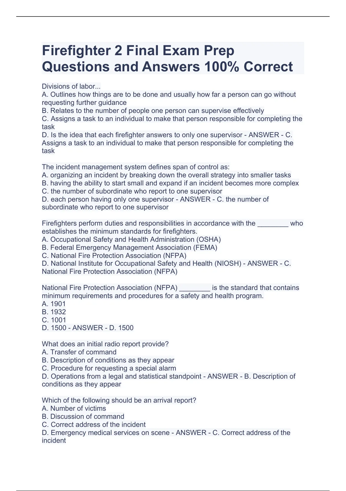 Firefighter 2 Final Exam Prep (2023) Questions and Answers 100 Correct