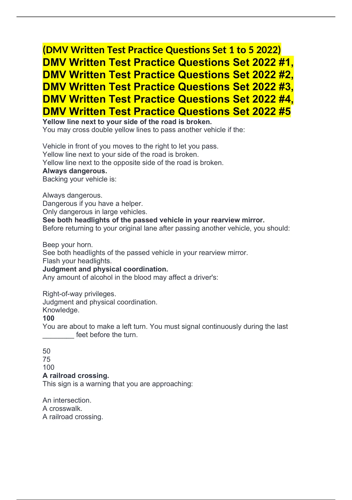 DMV Written Test Practice Questions Set 1 to 5 2022/2023 All Answered