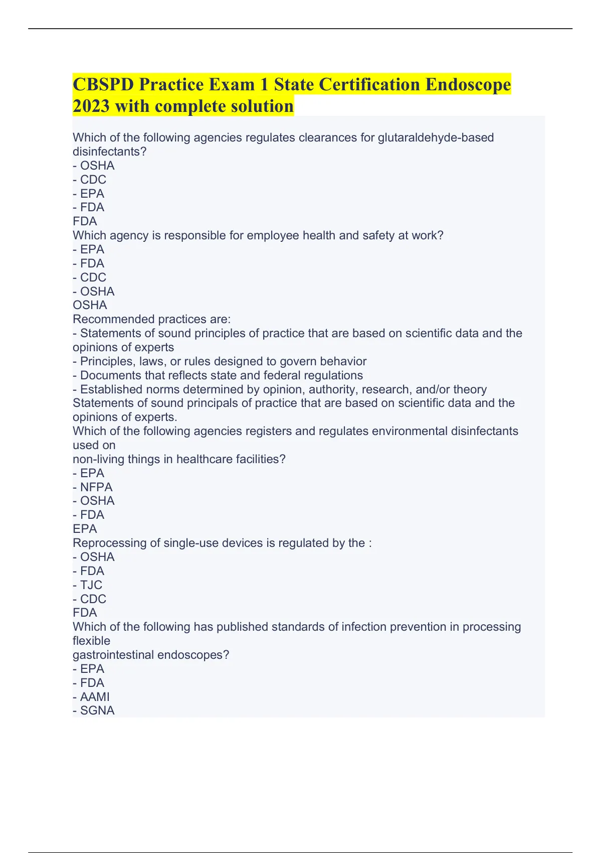 CBSPD Practice Exam 1 State Certification Endoscope 2023 with complete