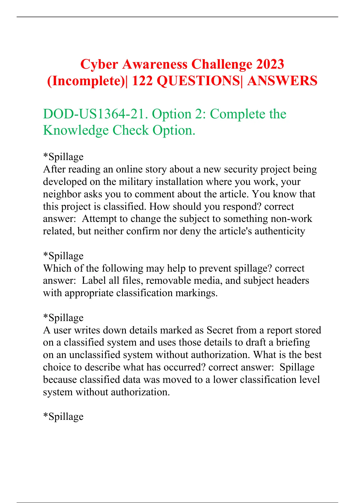 Cyber Awareness Challenge 2023 122 QUESTIONS ANSWERS