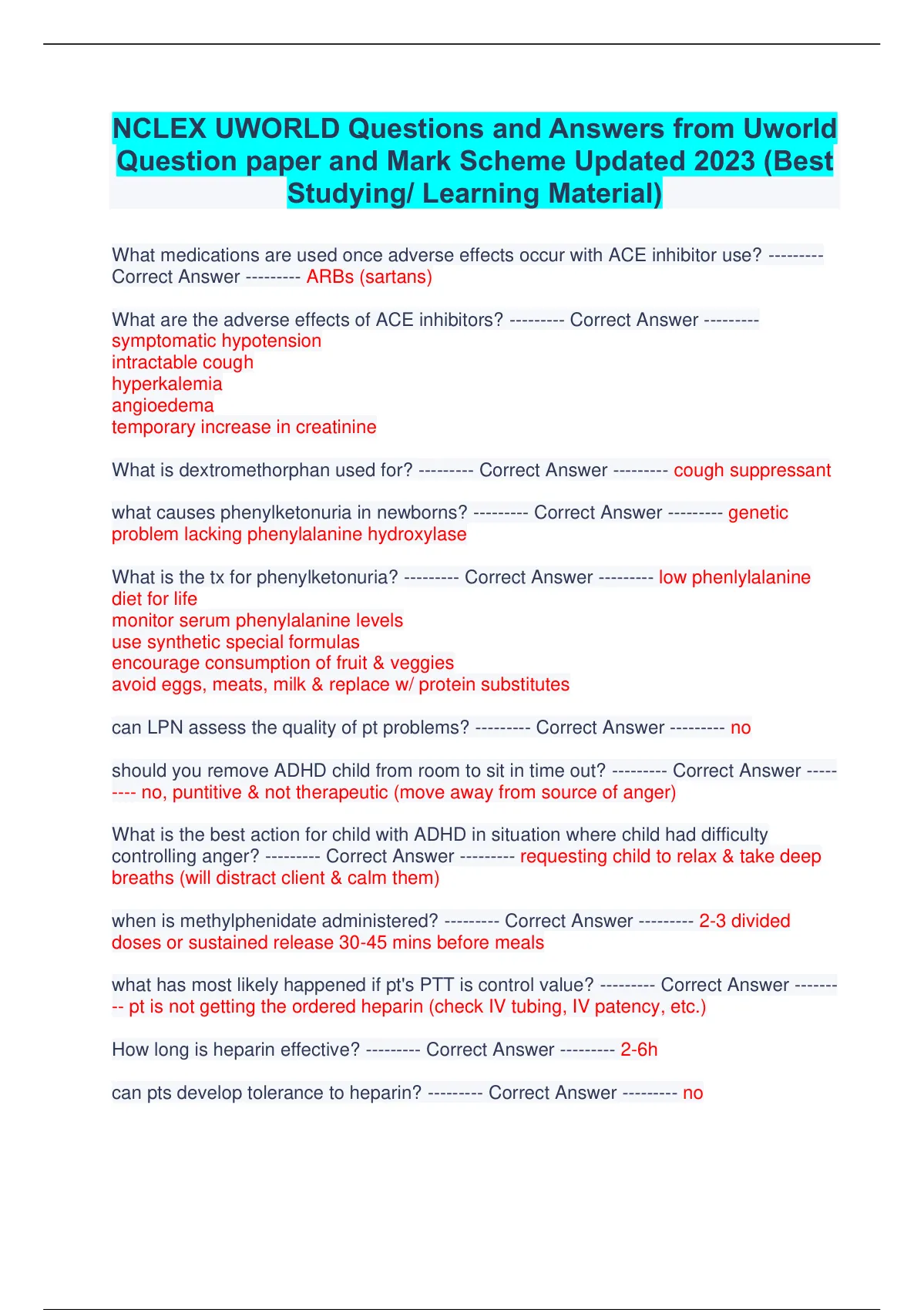 NCLEX UWORLD Questions And Answers From Uworld Question Paper And Mark ...