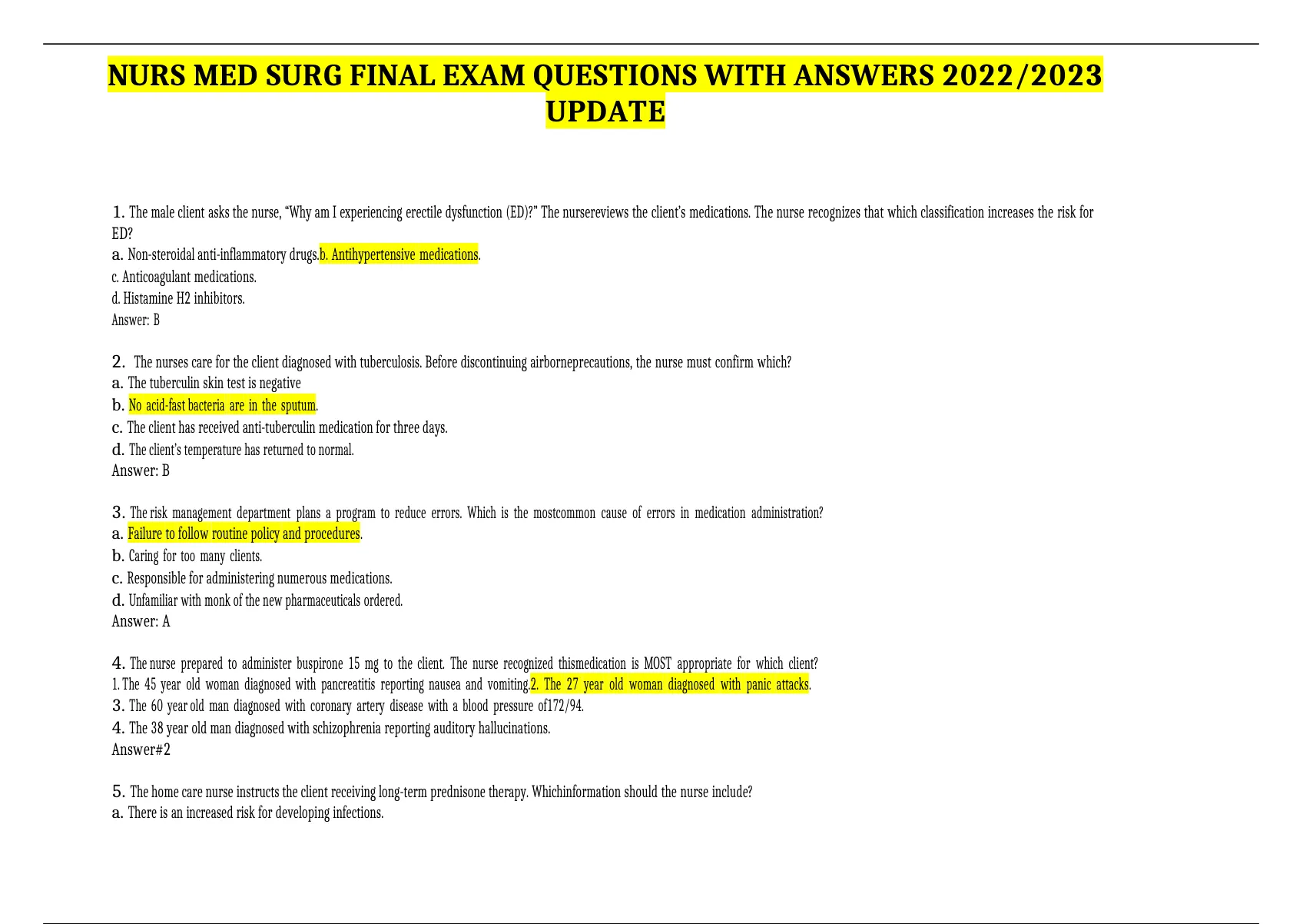 NURS MED SURG FINAL EXAM QUESTIONS WITH ANSWERS 2022/2023 UPDATE - NURS ...