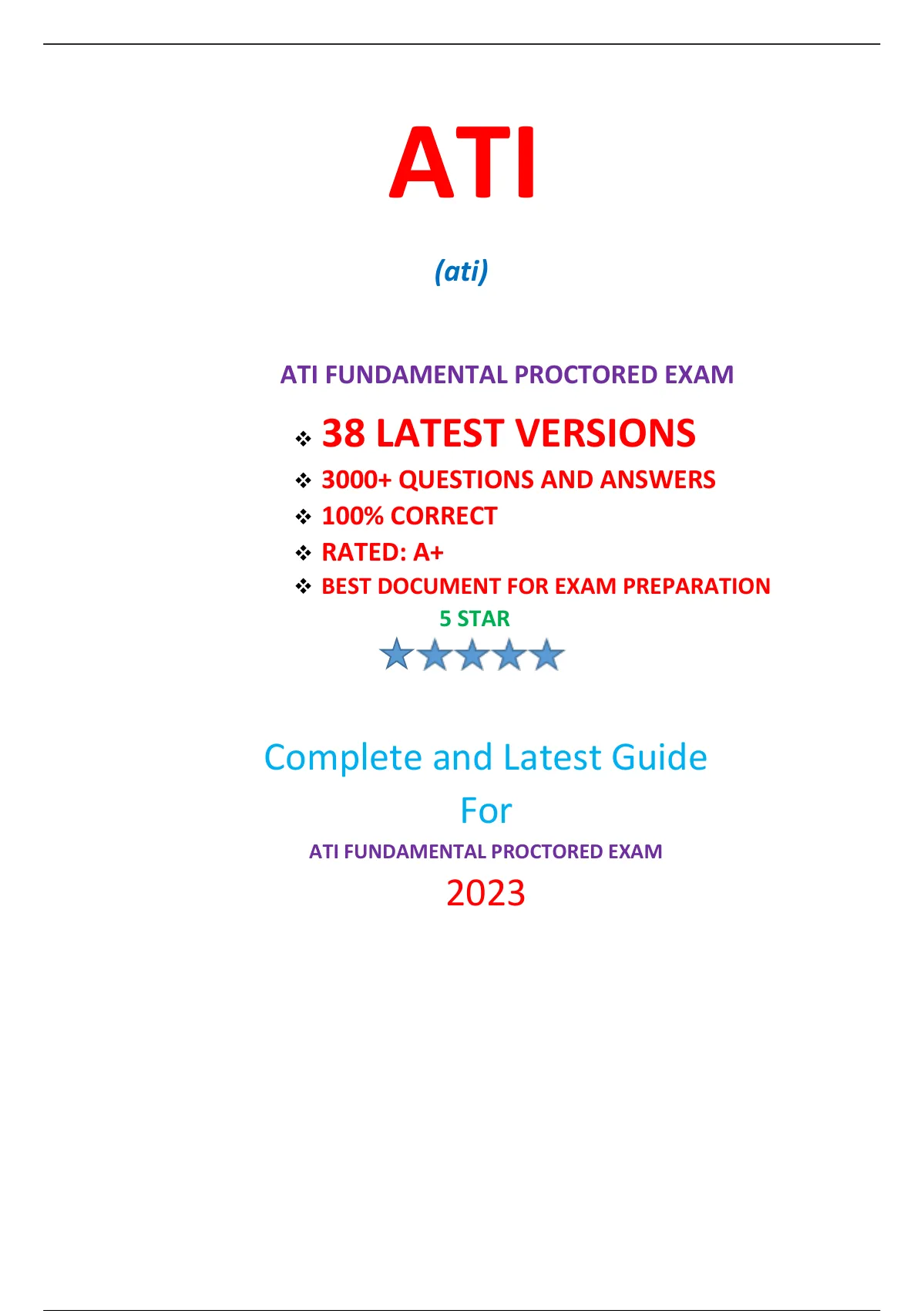 ATI FUNDAMENTALS PROCTORED EXAM (38 EXAM SETS,NEWEST 2023 ...