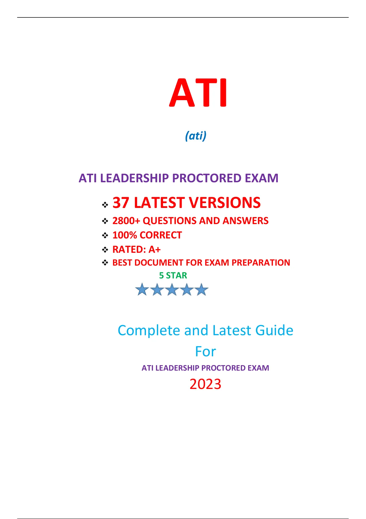 ATI LEADERSHIP PROCTORED EXAM ( 37 EXAM SETS,NEWEST 2023) / LEADERSHIP ...