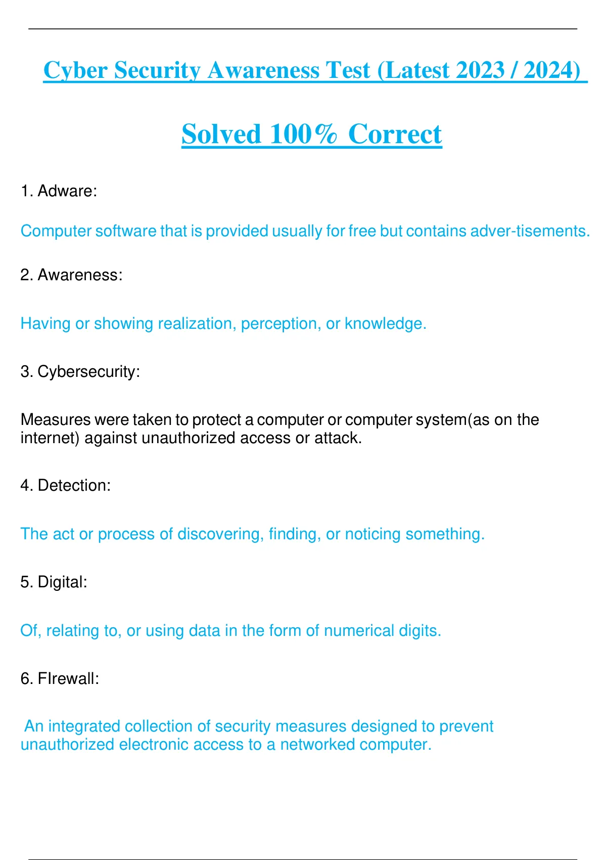 Cyber Security Awareness Test (Latest 2023 / 2024) Solved 100 Correct