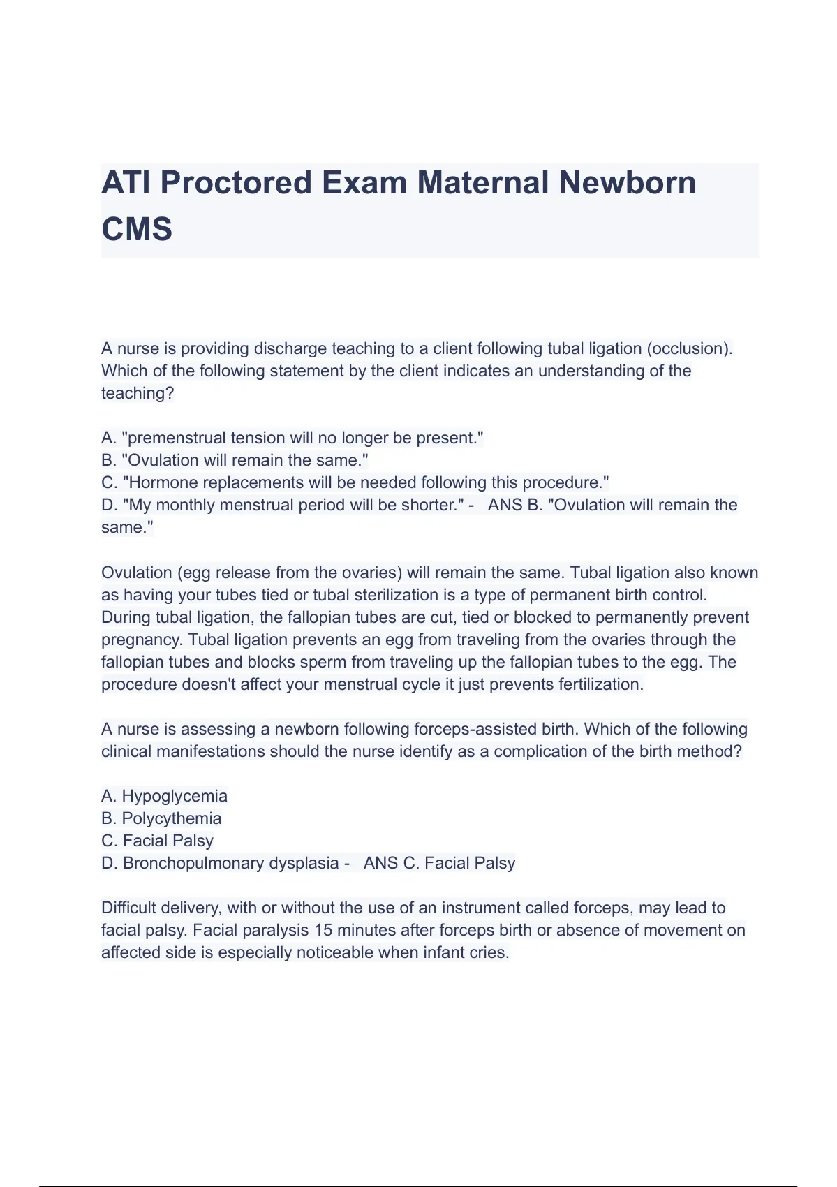 ATI Proctored Exam Maternal Newborn CMS Questions & Answers 2023 ( A+ ...