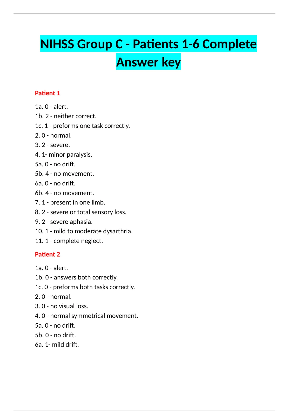 NIHSS Group C Patients 16 Complete Answer key NIH Stroke Scale