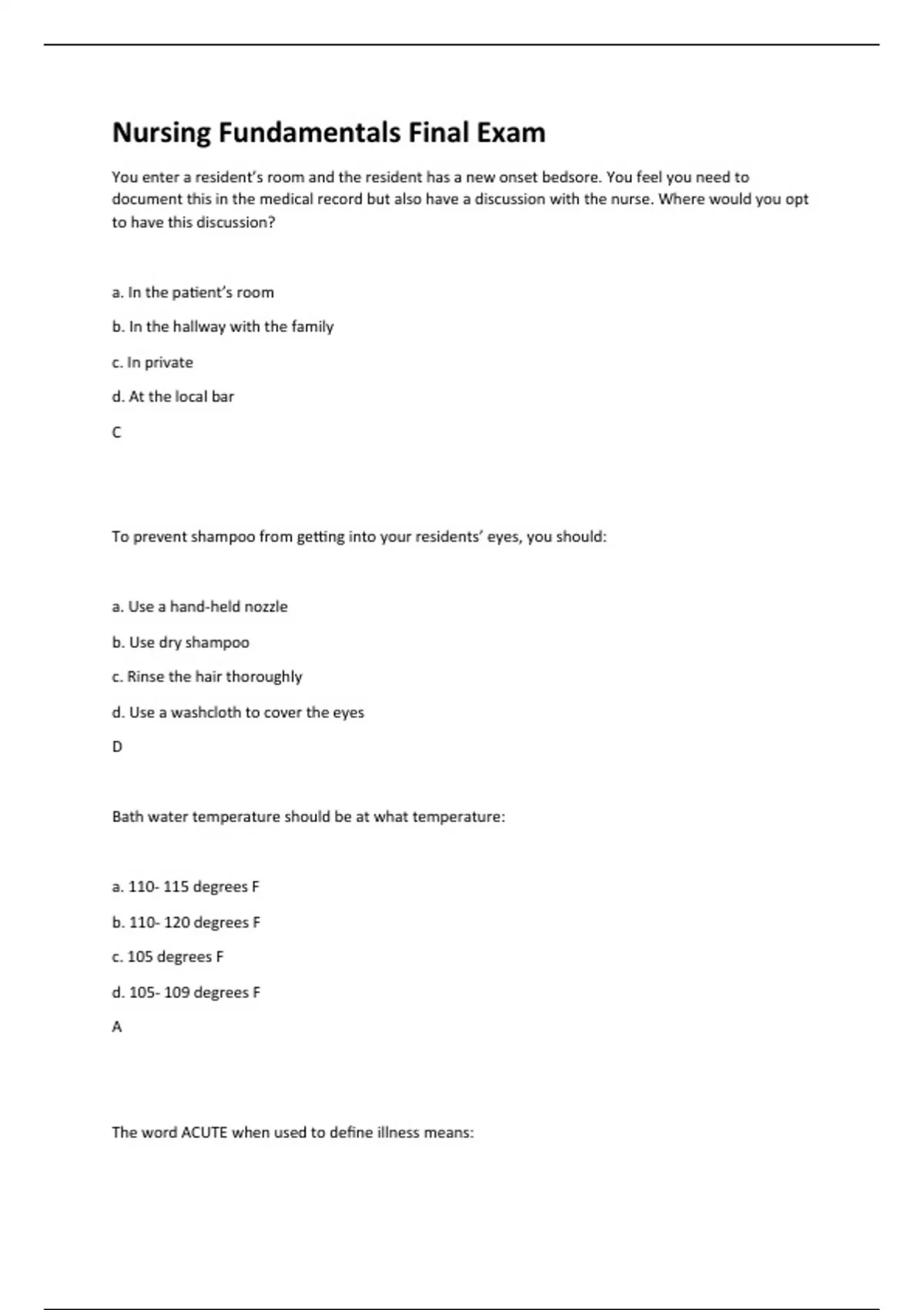 Nursing Fundamentals Final Exam/216 Questions With Complete Solutions ...