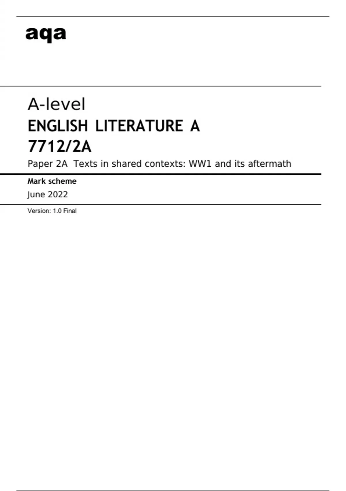 Aqa A level ENGLISH LITERATURE A 7712 2A Paper 2A Texts In Shared 