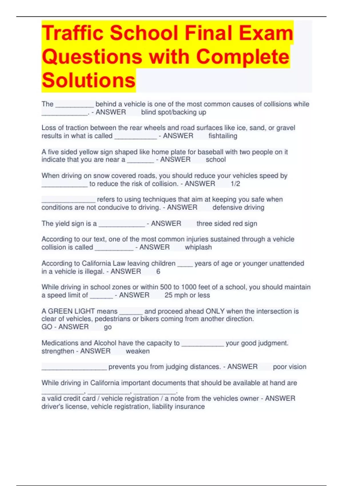 Traffic School Final Exam Questions with Complete Solutions Traffic