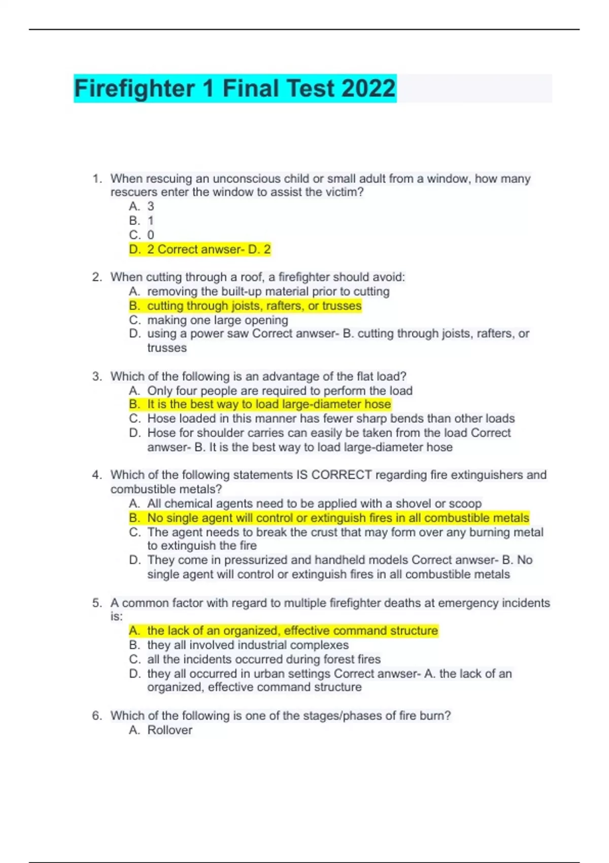 Firefighter 1 Final Test 2022 - Firefightt 2022 - Stuvia US