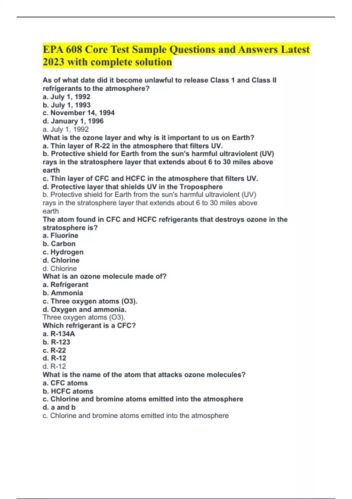 EPA 608 Core Test Sample Questions and Answers Latest 2023 with