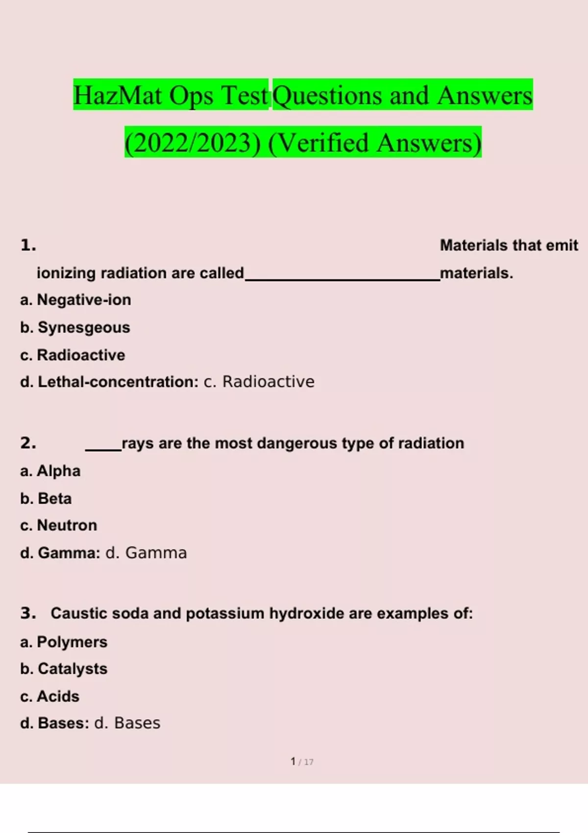 HazMat Ops Test.docx Questions And Answers 2023 (Verified Answers ...