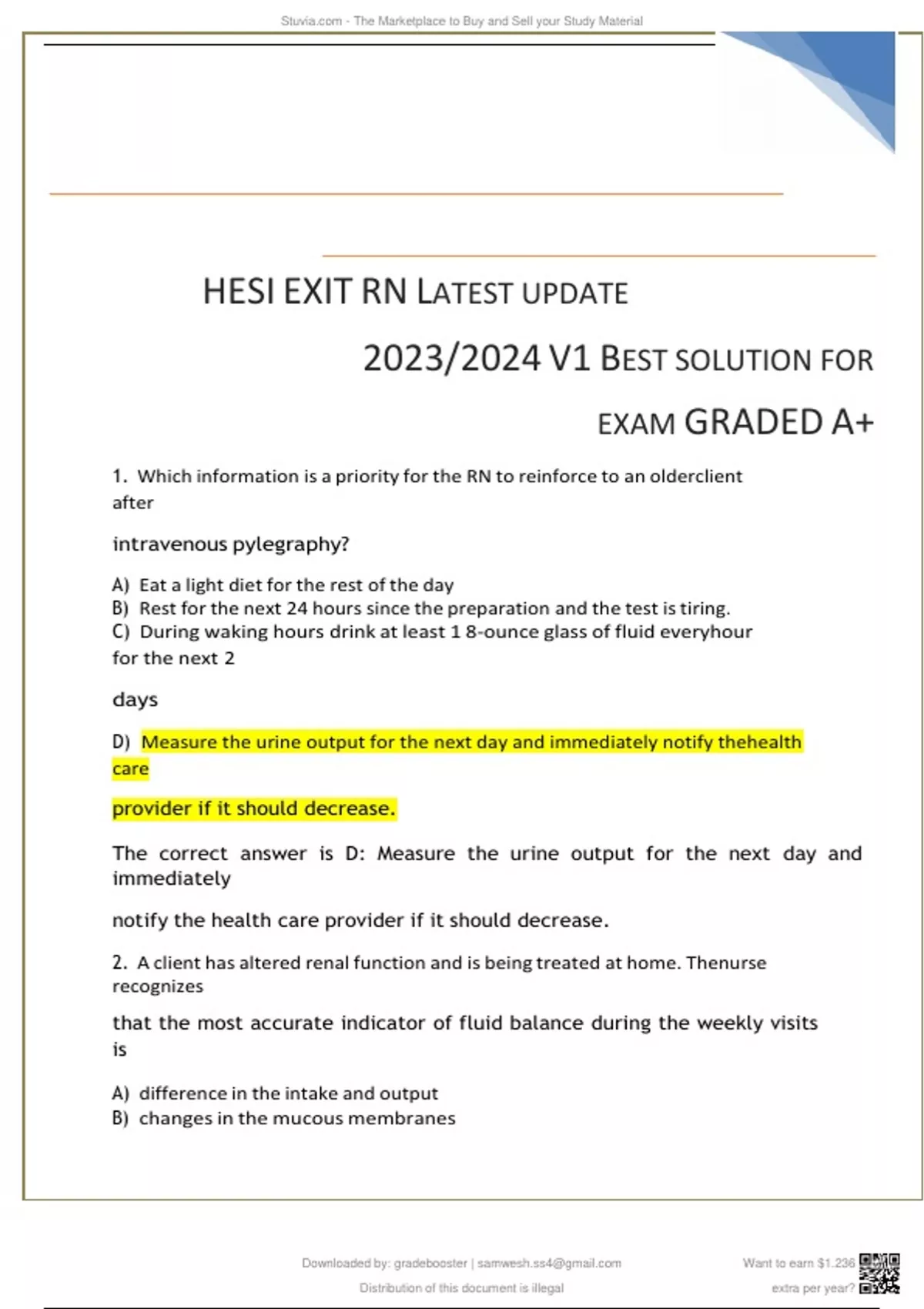 HESI EXIT RN Latest update 2023/2024 V1 Best solution for exam HESI