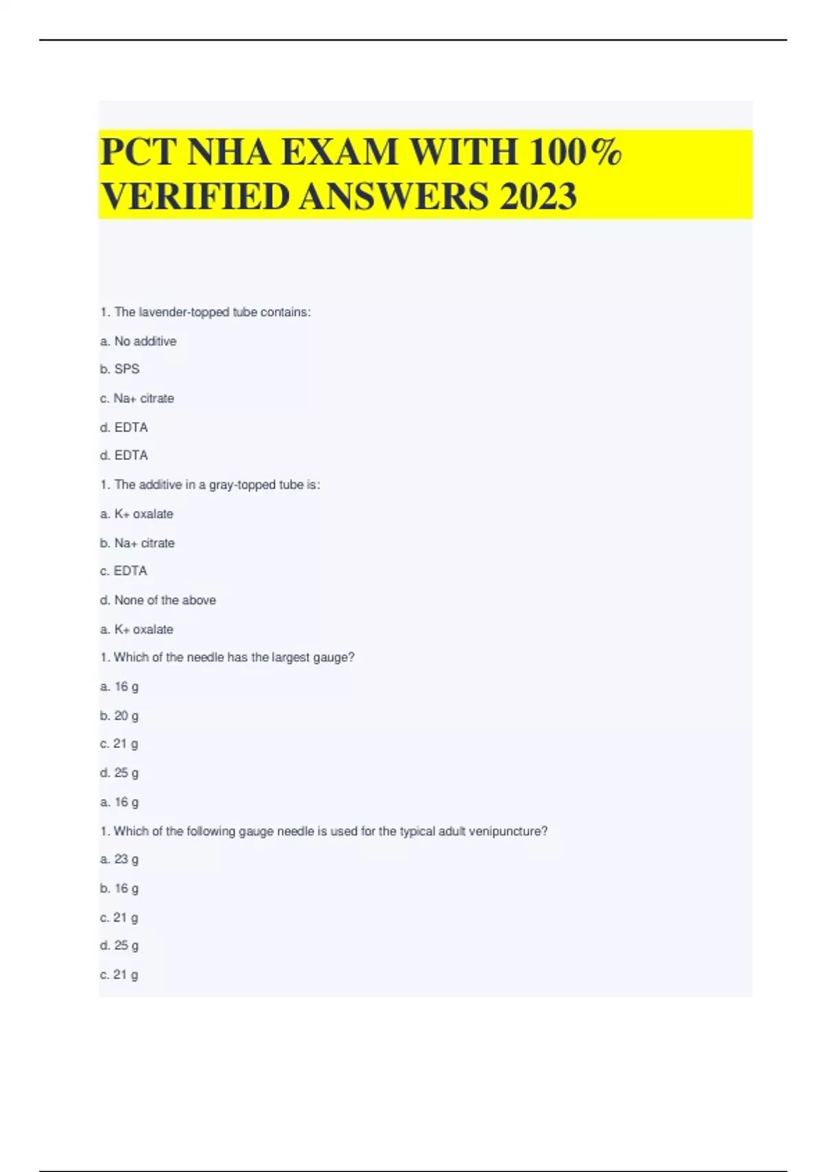 Pct Nha Exam With Verified Answers Pct Nha Stuvia Us