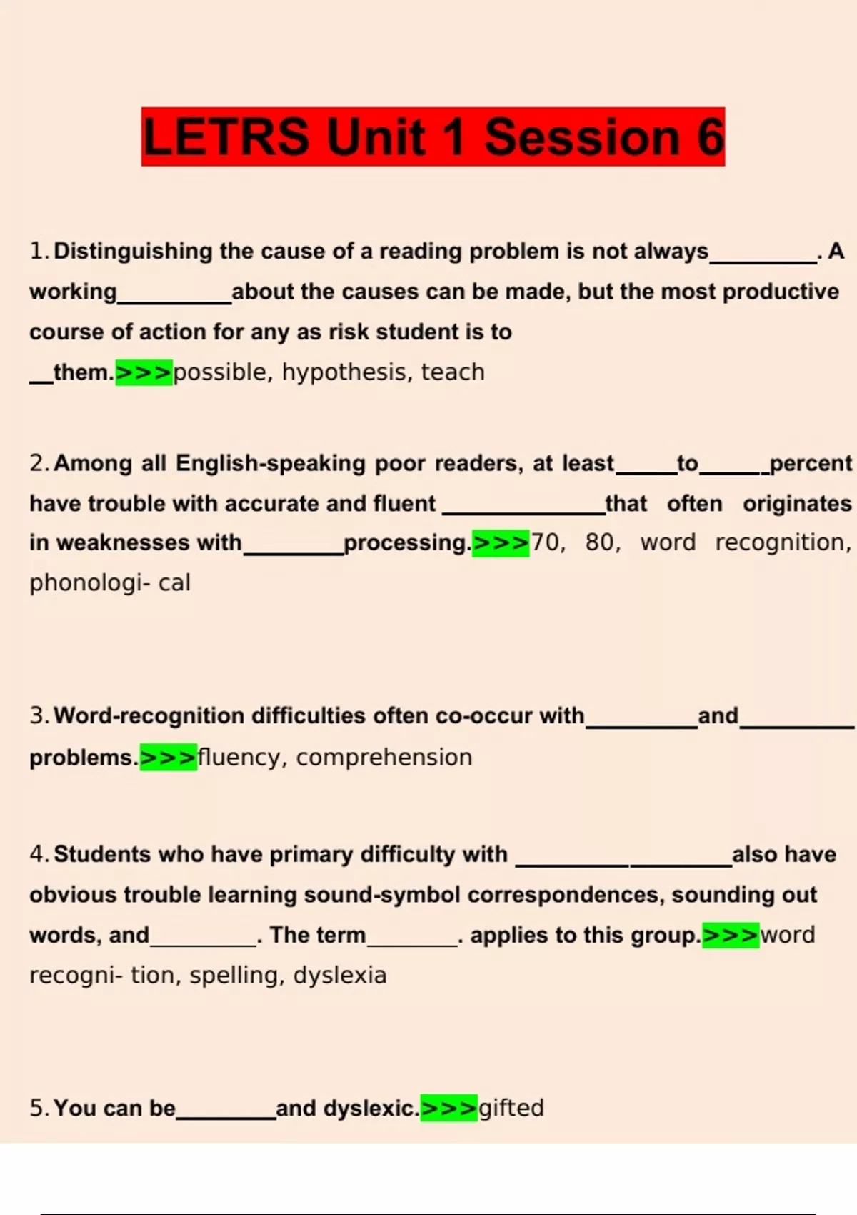 LETRS Unit 1 Session 6. Questions and Answers (2022/2023) (Verified