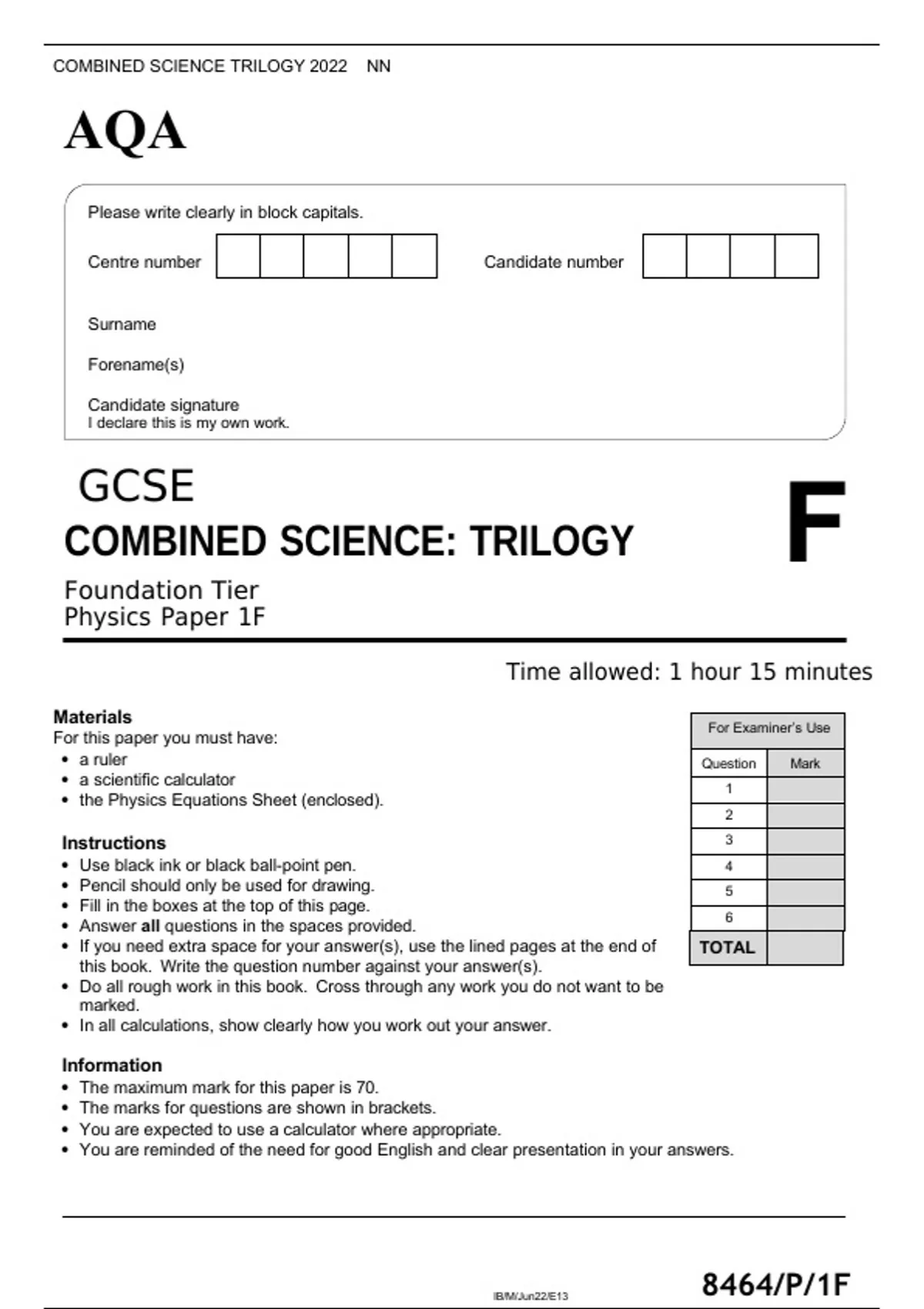 AQA GCSE COMBINED SCIENCE TRILOGY PHYSICS PAPER 1F AND 2F JUNE 2022 ...